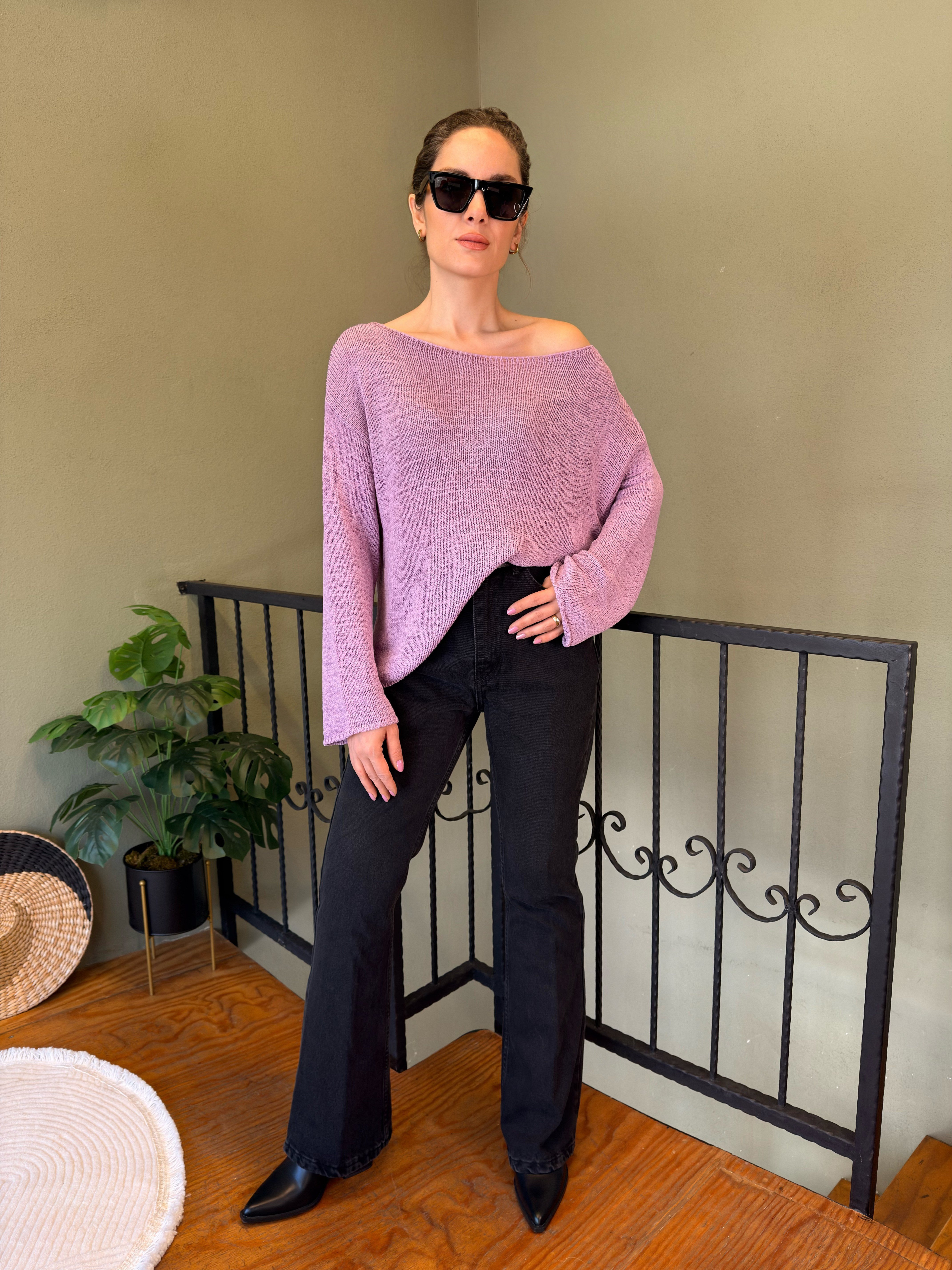 Pembe Kayık Yaka Rahat Kalıp Triko