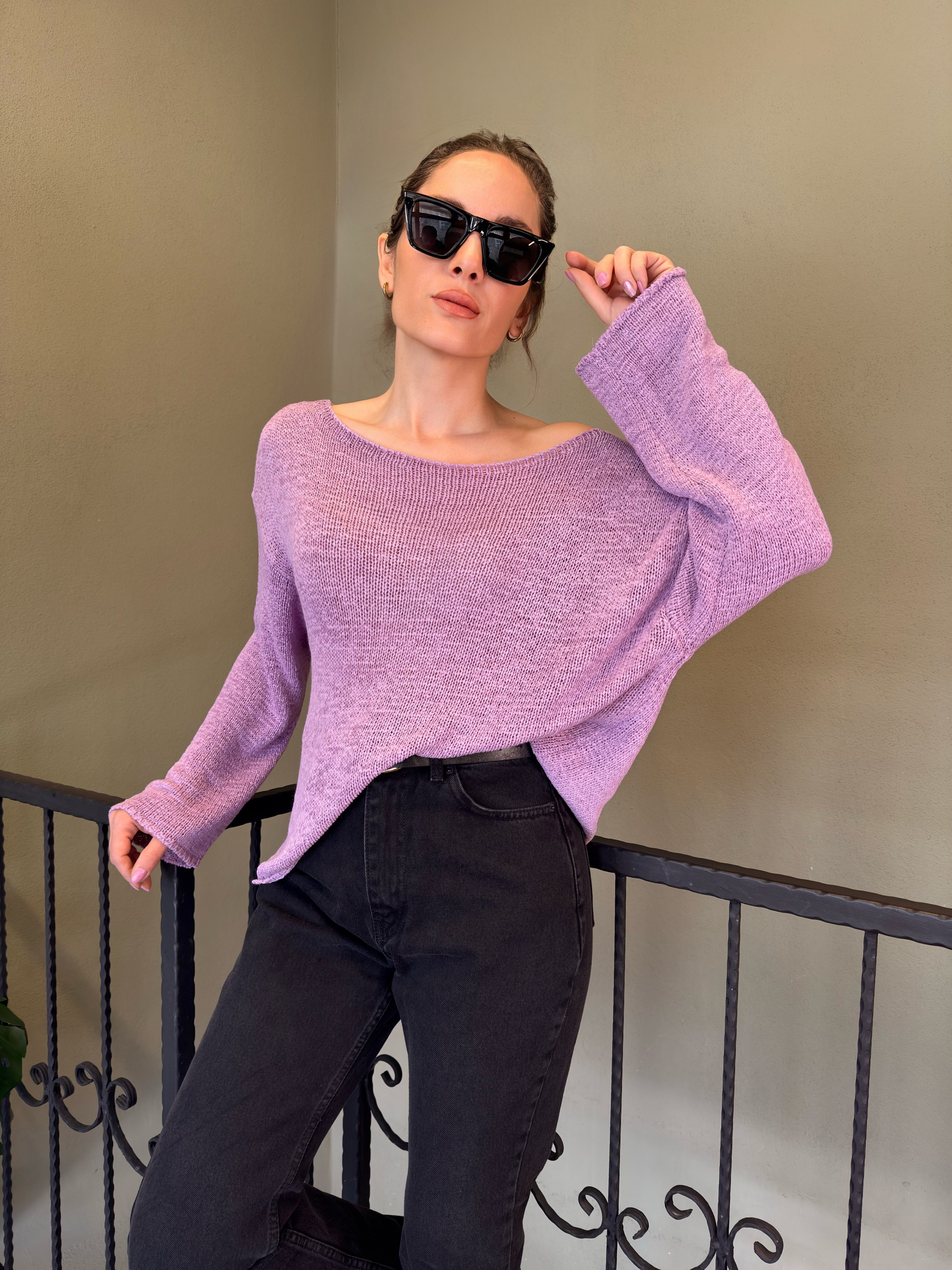 Pembe Kayık Yaka Rahat Kalıp Triko