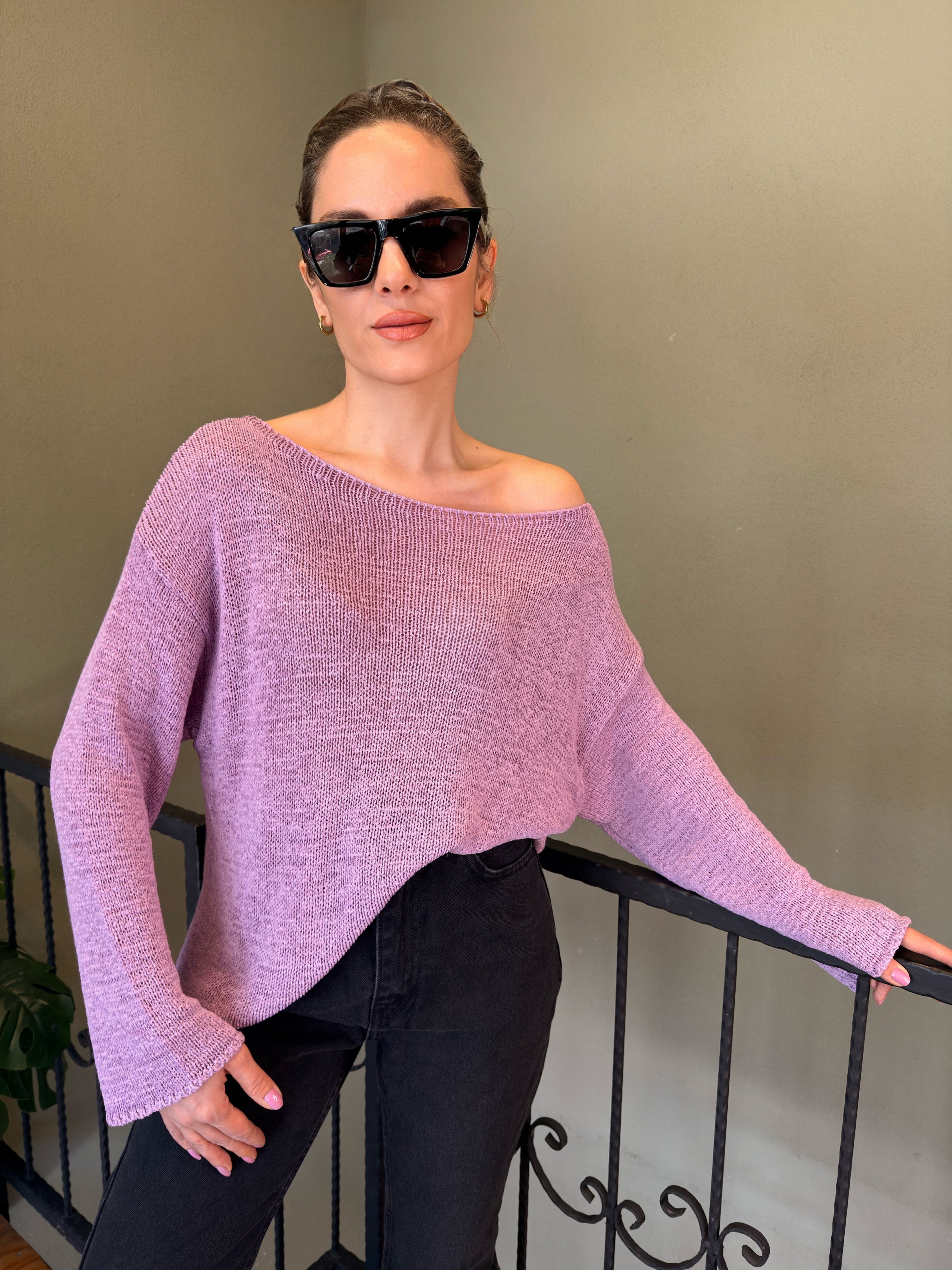 Pembe Kayık Yaka Rahat Kalıp Triko