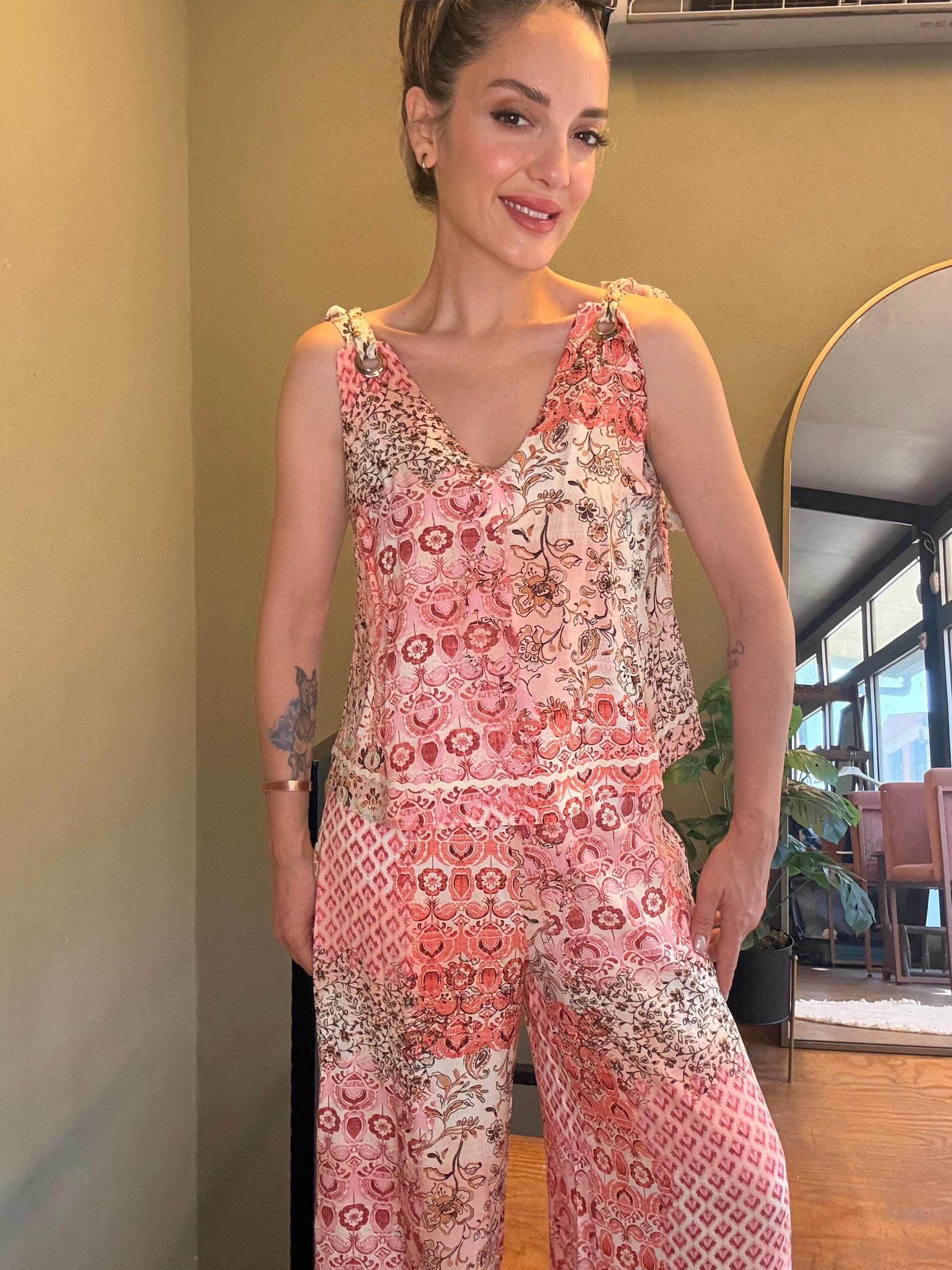 Pembe Patchwork Desen Viskon Takım