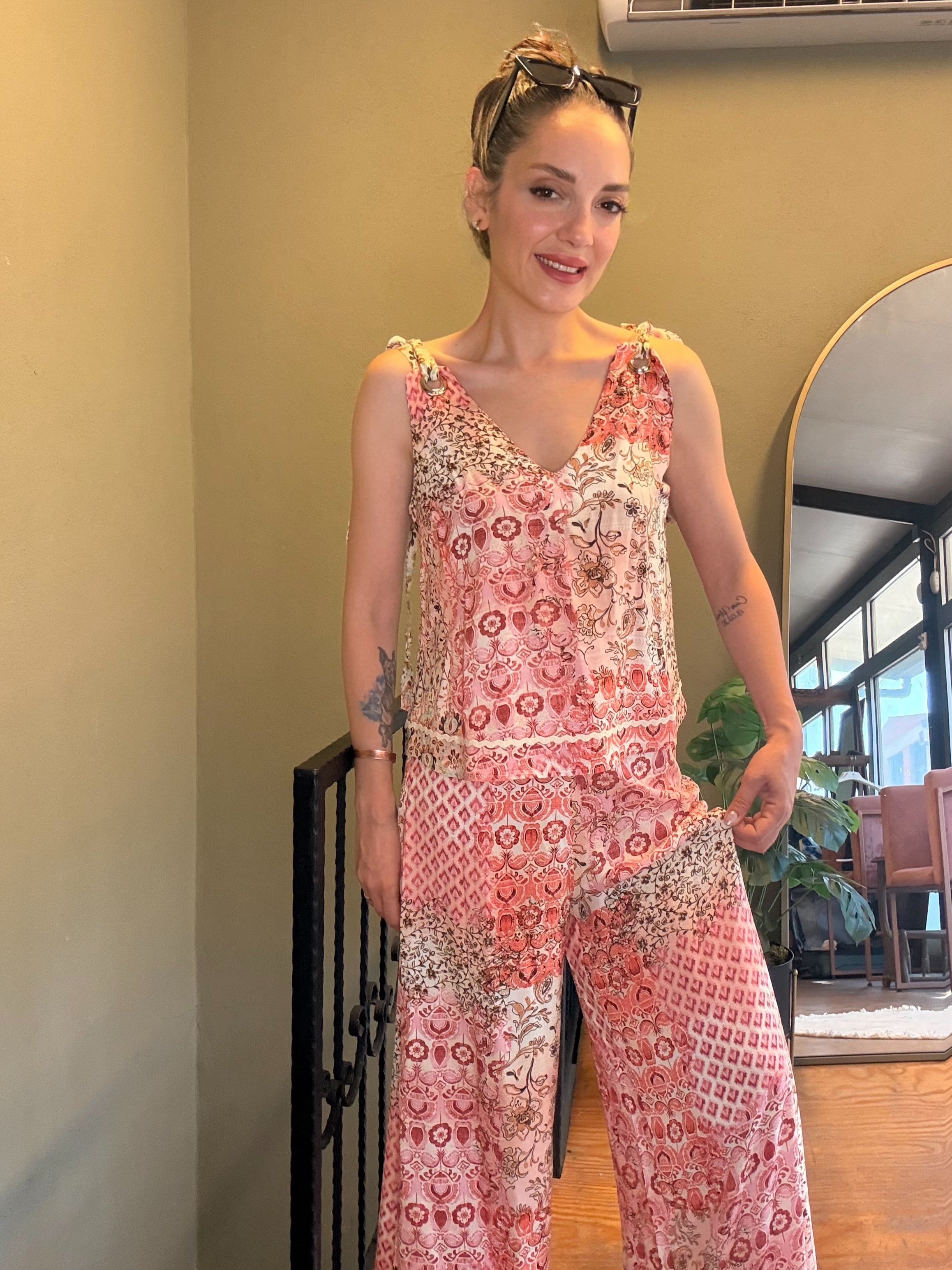 Pembe Patchwork Desen Viskon Takım