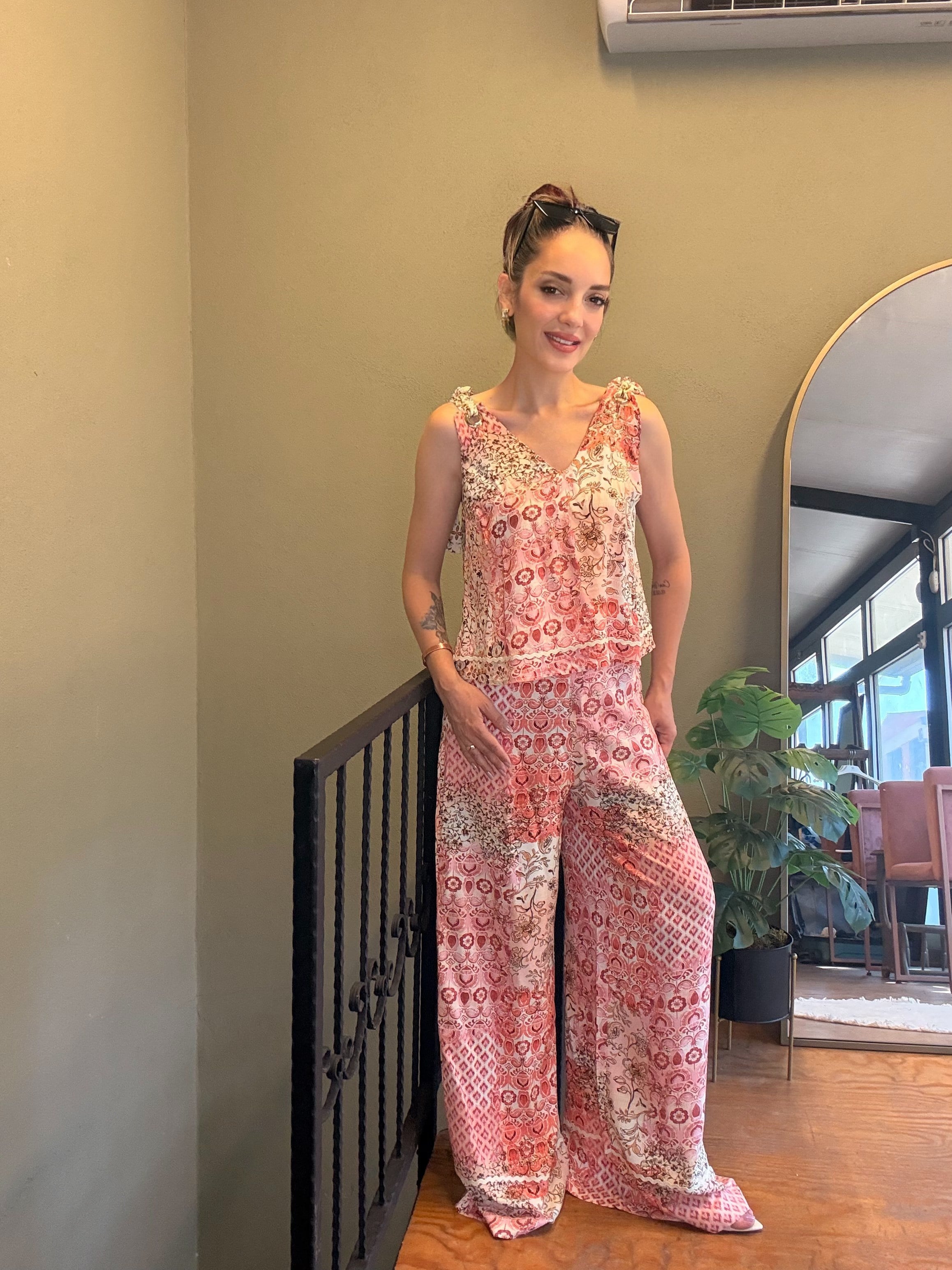 Pembe Patchwork Desen Viskon Takım