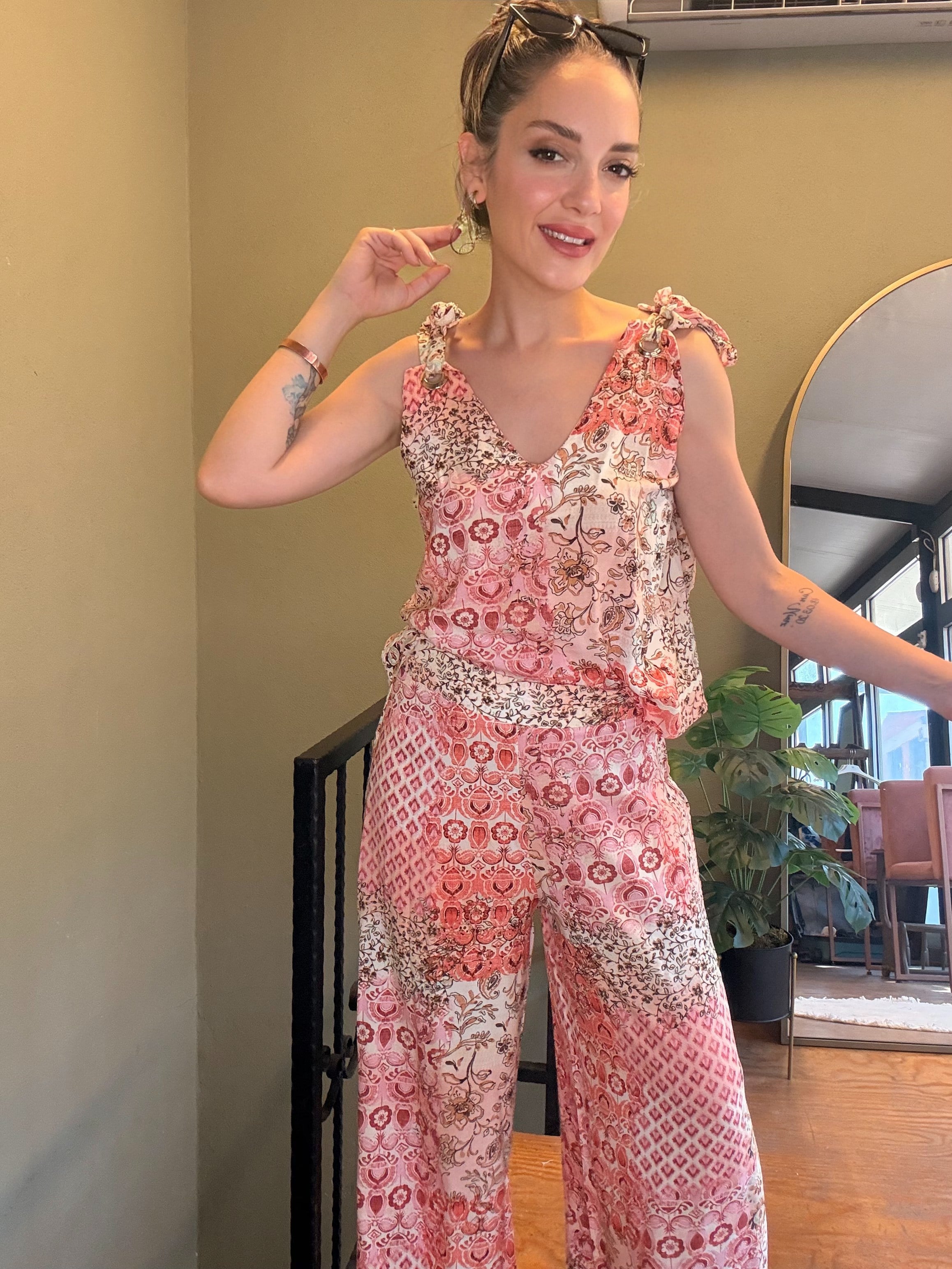 Pembe Patchwork Desen Viskon Takım