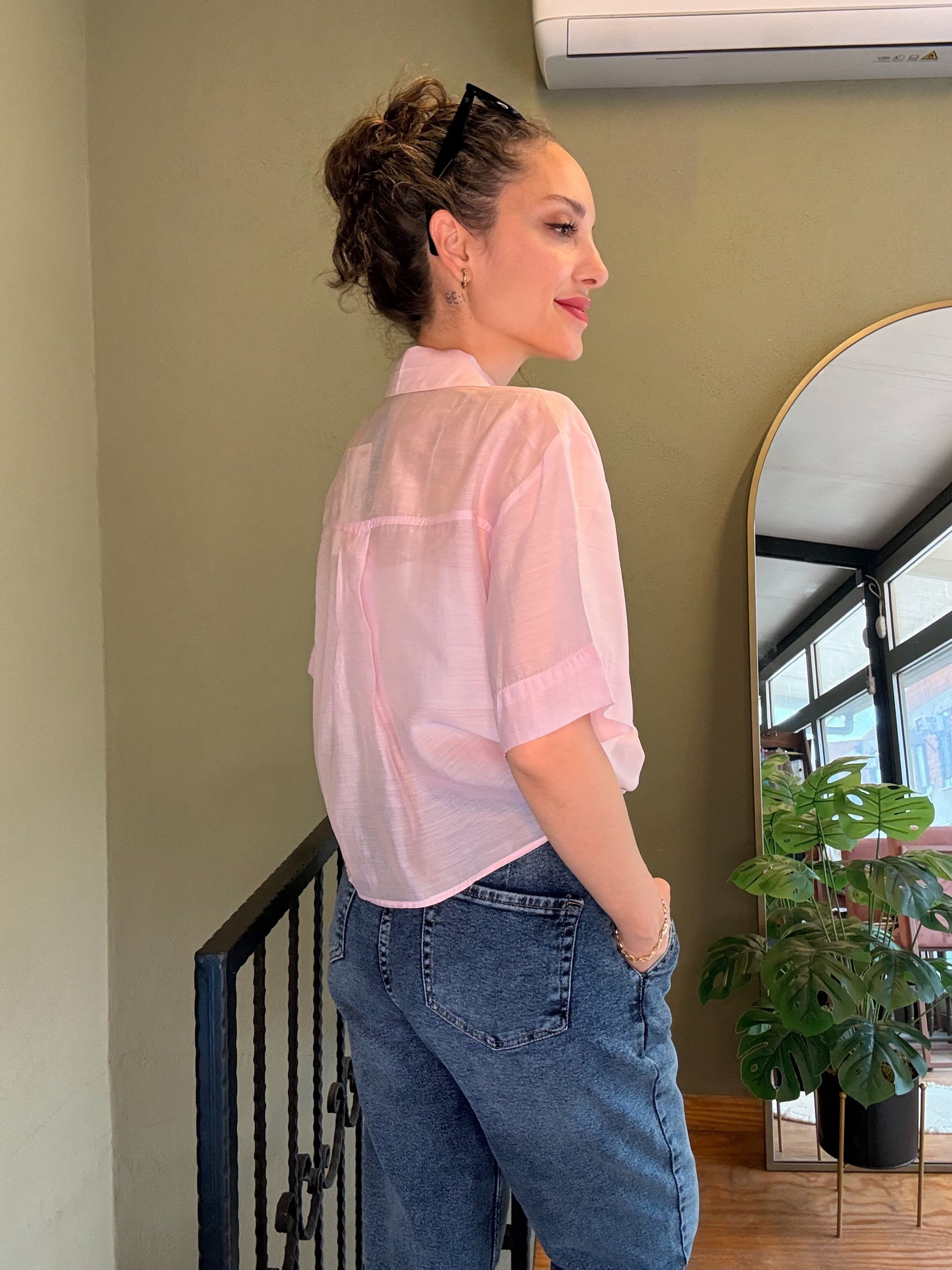 Pembe Şifon Crop Gömlek