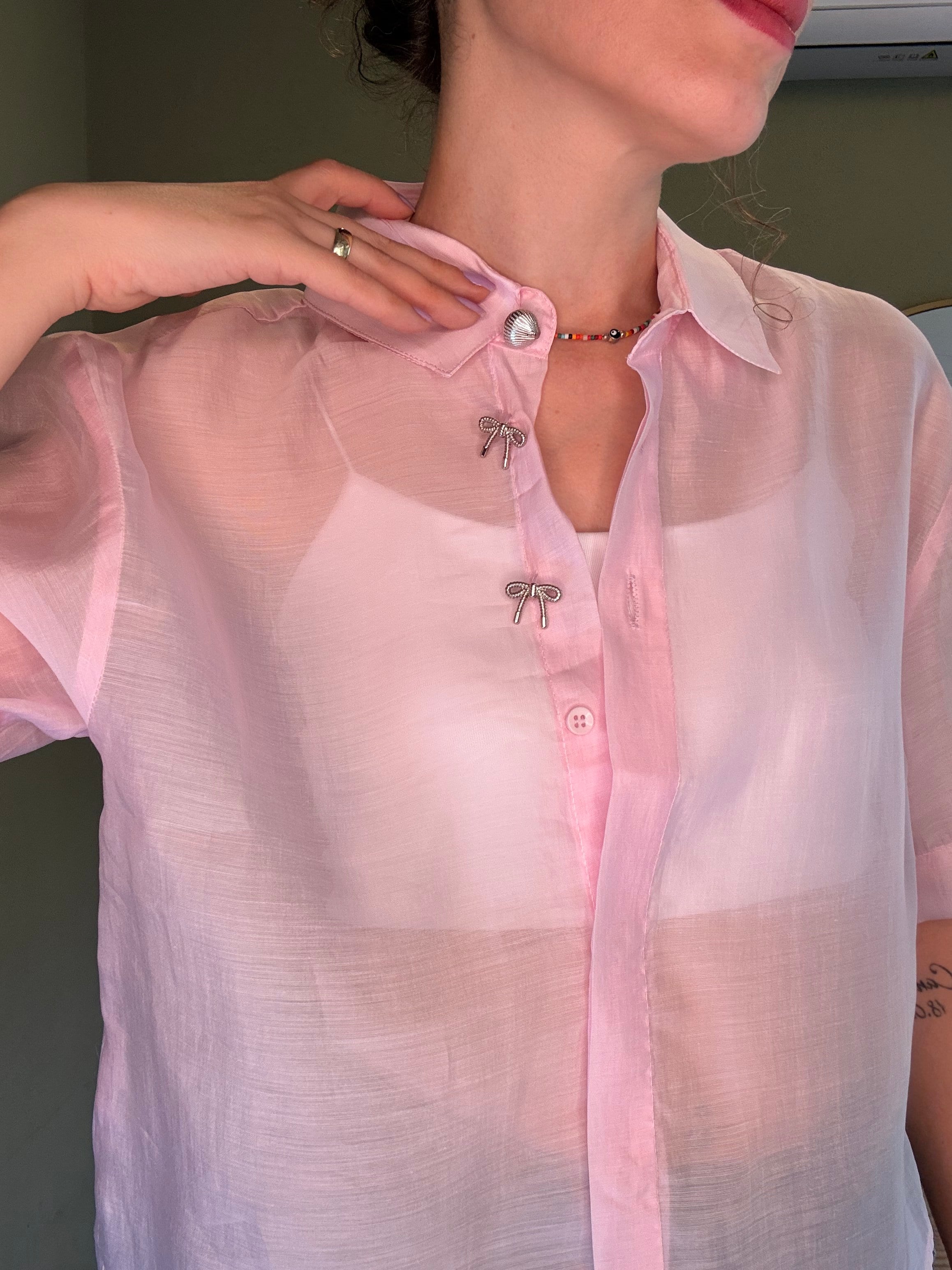 Pembe Şifon Crop Gömlek