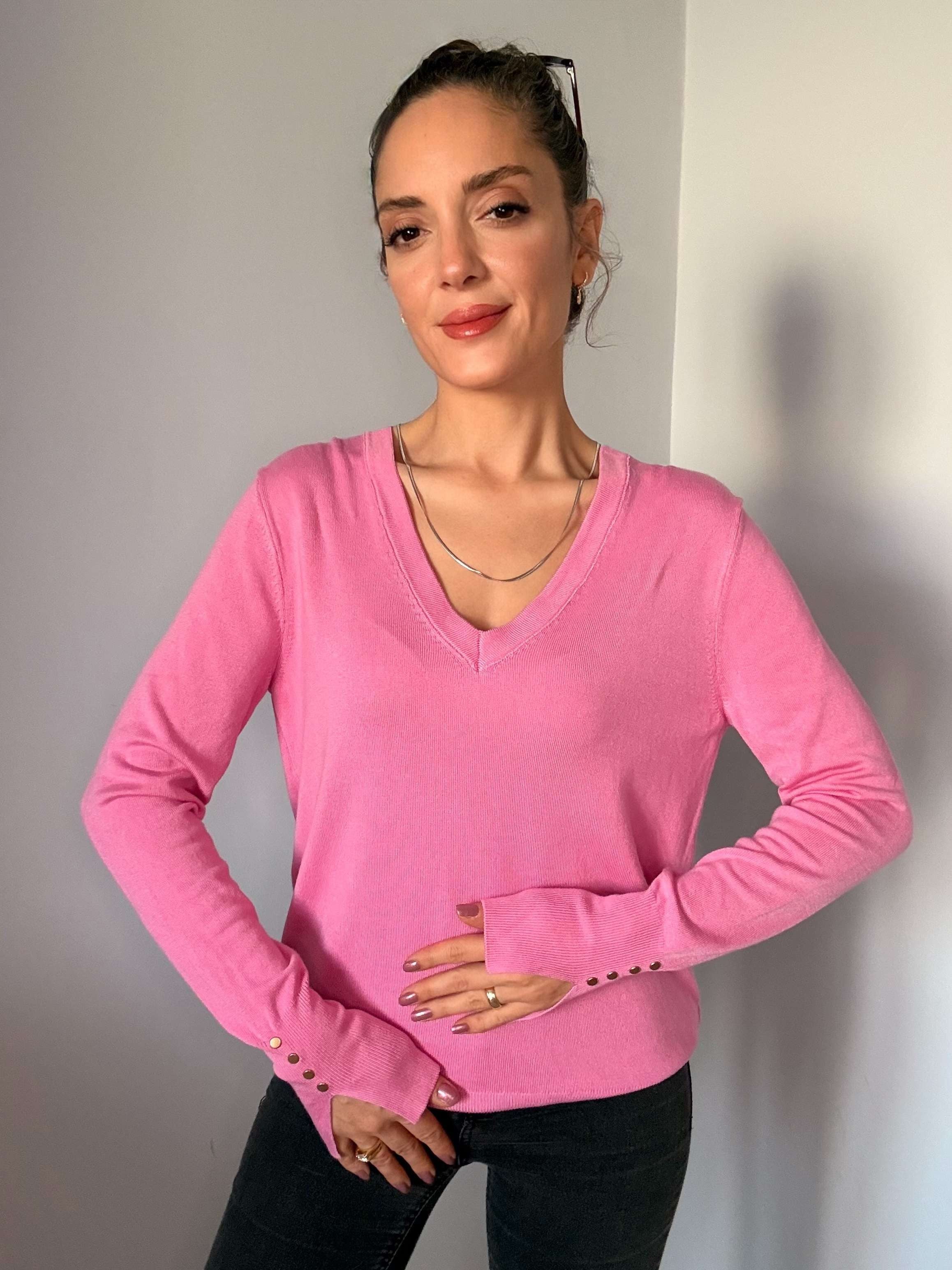 Pembe V Yaka Kol Detaylı Triko