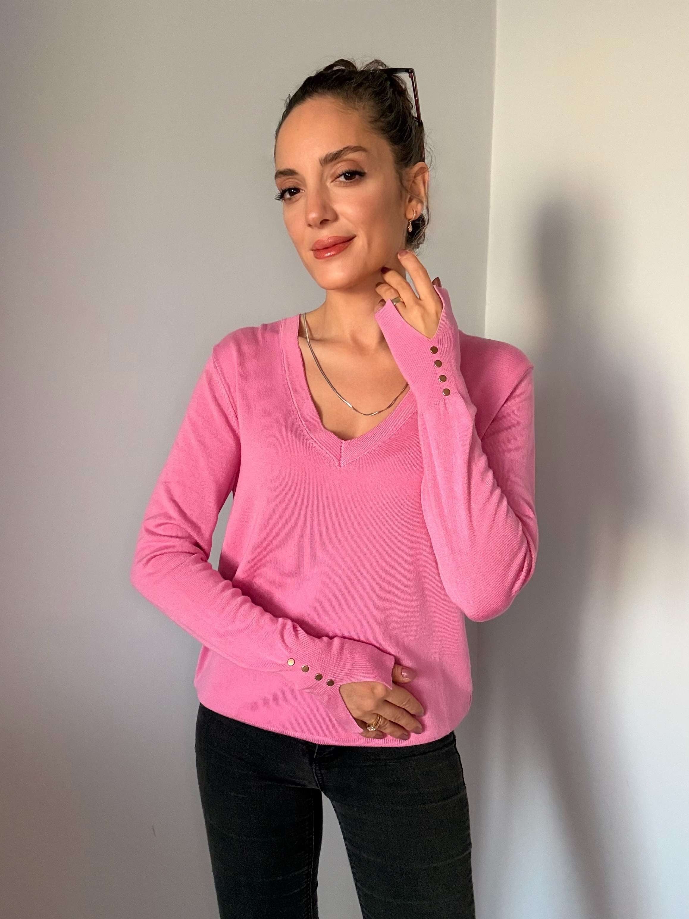 Pembe V Yaka Kol Detaylı Triko