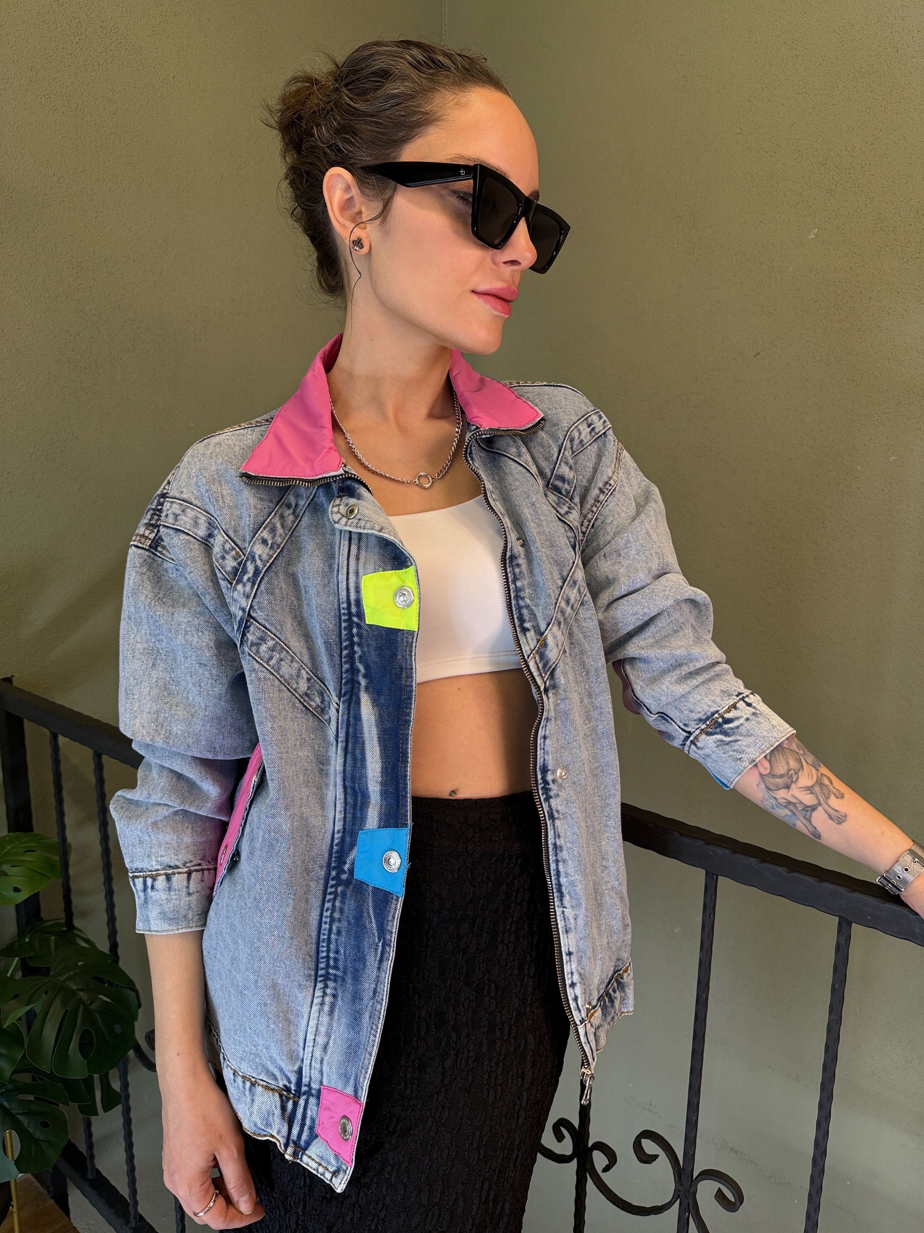 Pembe Yakalı Retro Denim Ceket