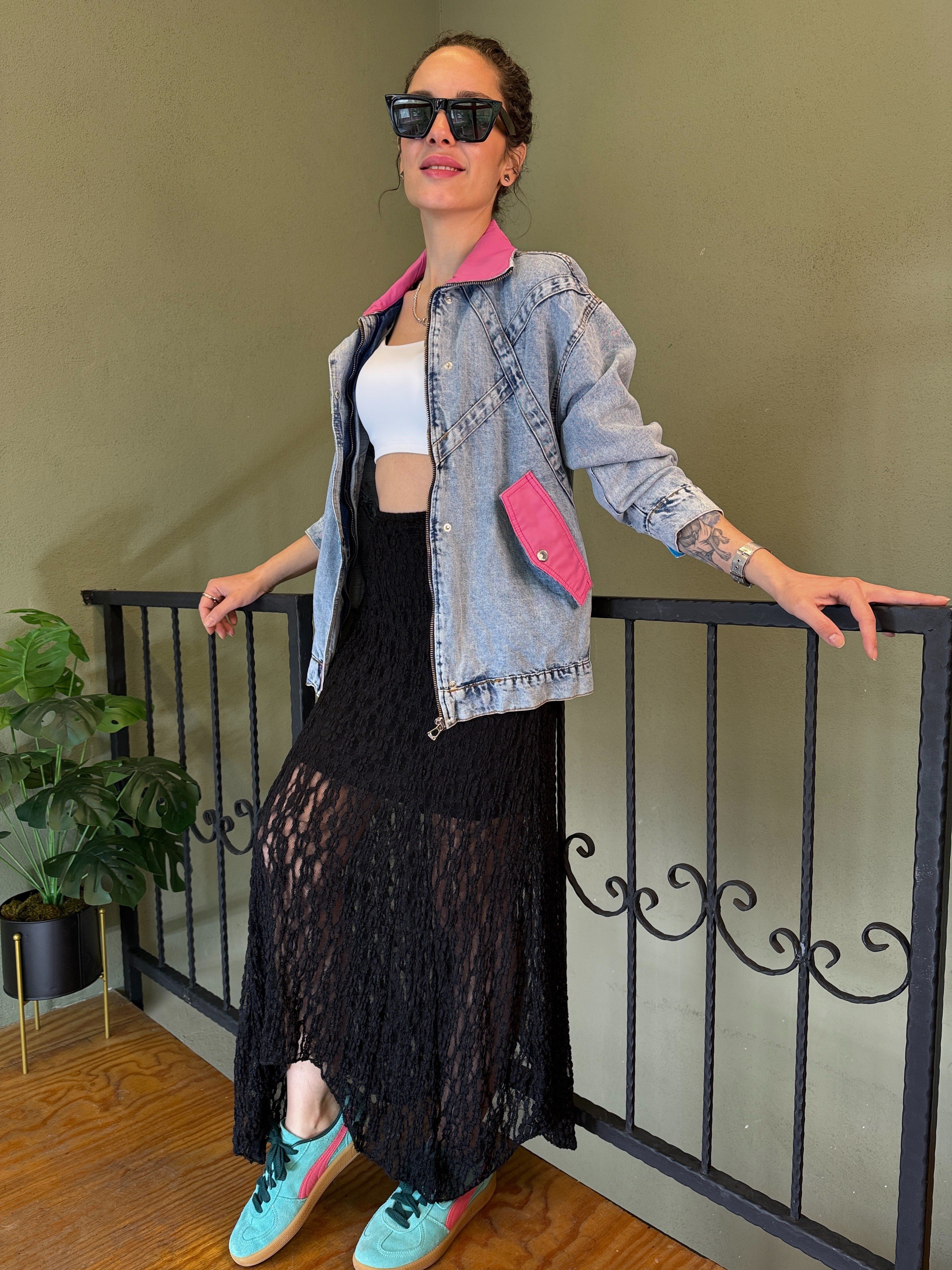 Pembe Yakalı Retro Denim Ceket