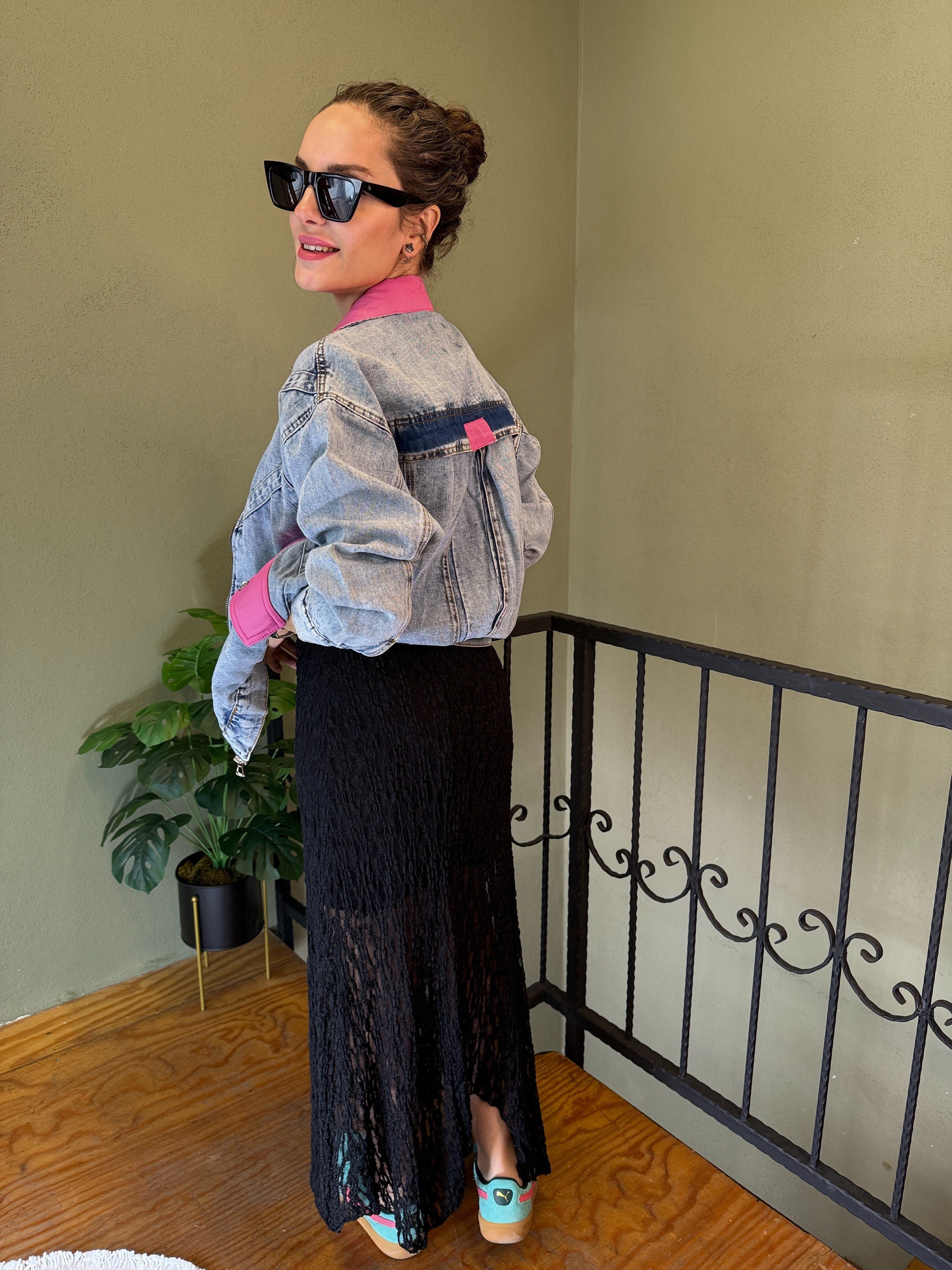 Pembe Yakalı Retro Denim Ceket