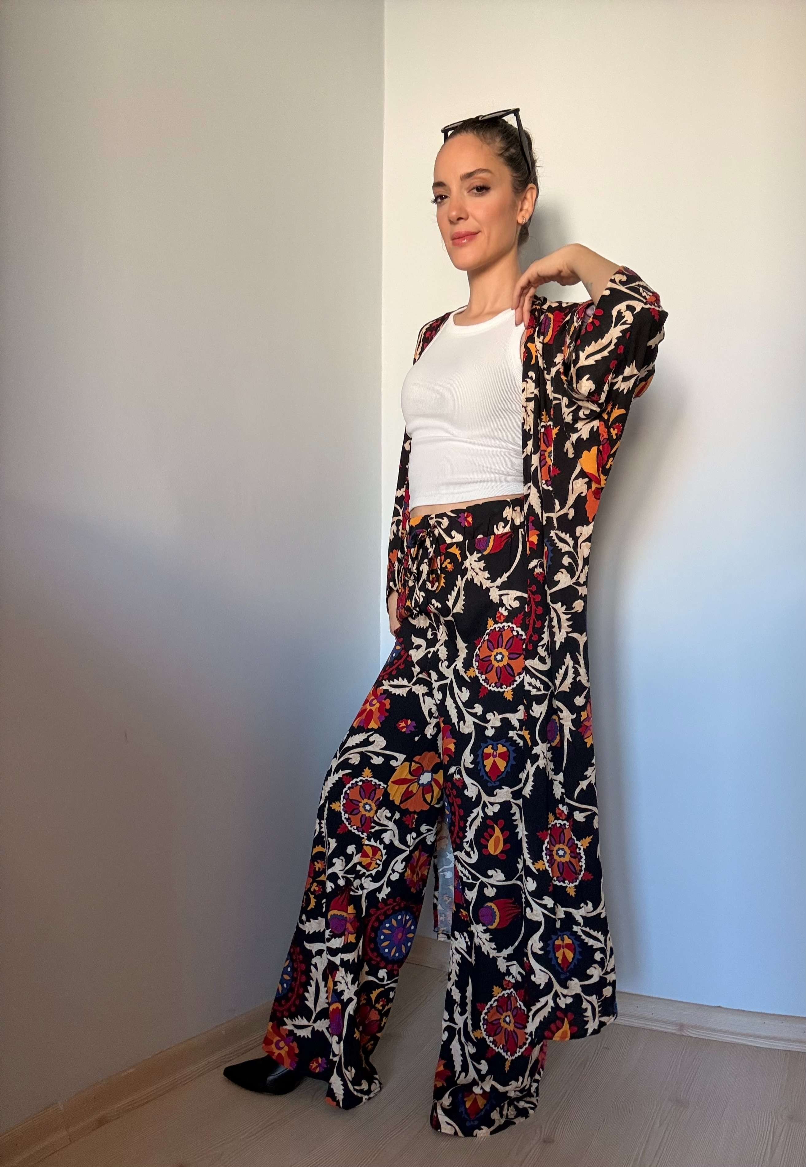 Siyah Etnik Desenli Kimono Pantolon Takım
