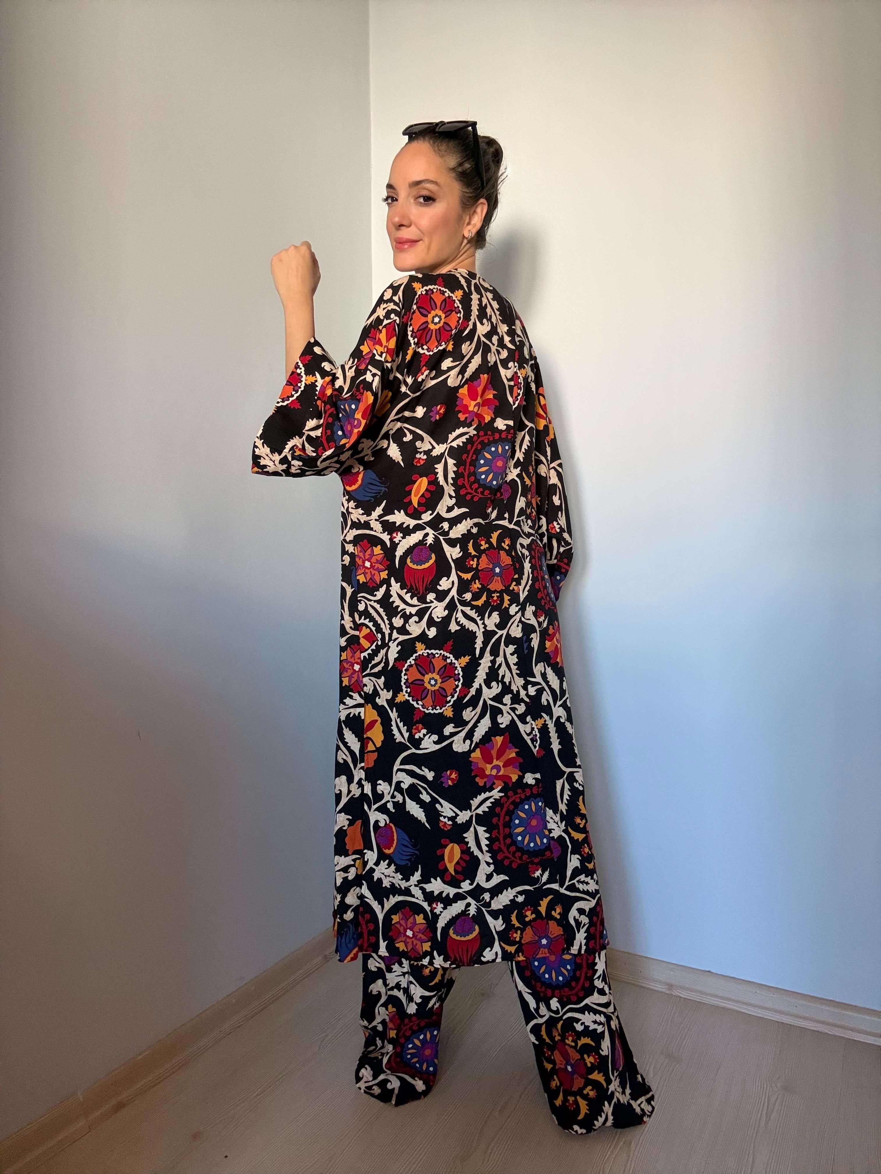 Siyah Etnik Desenli Kimono Pantolon Takım