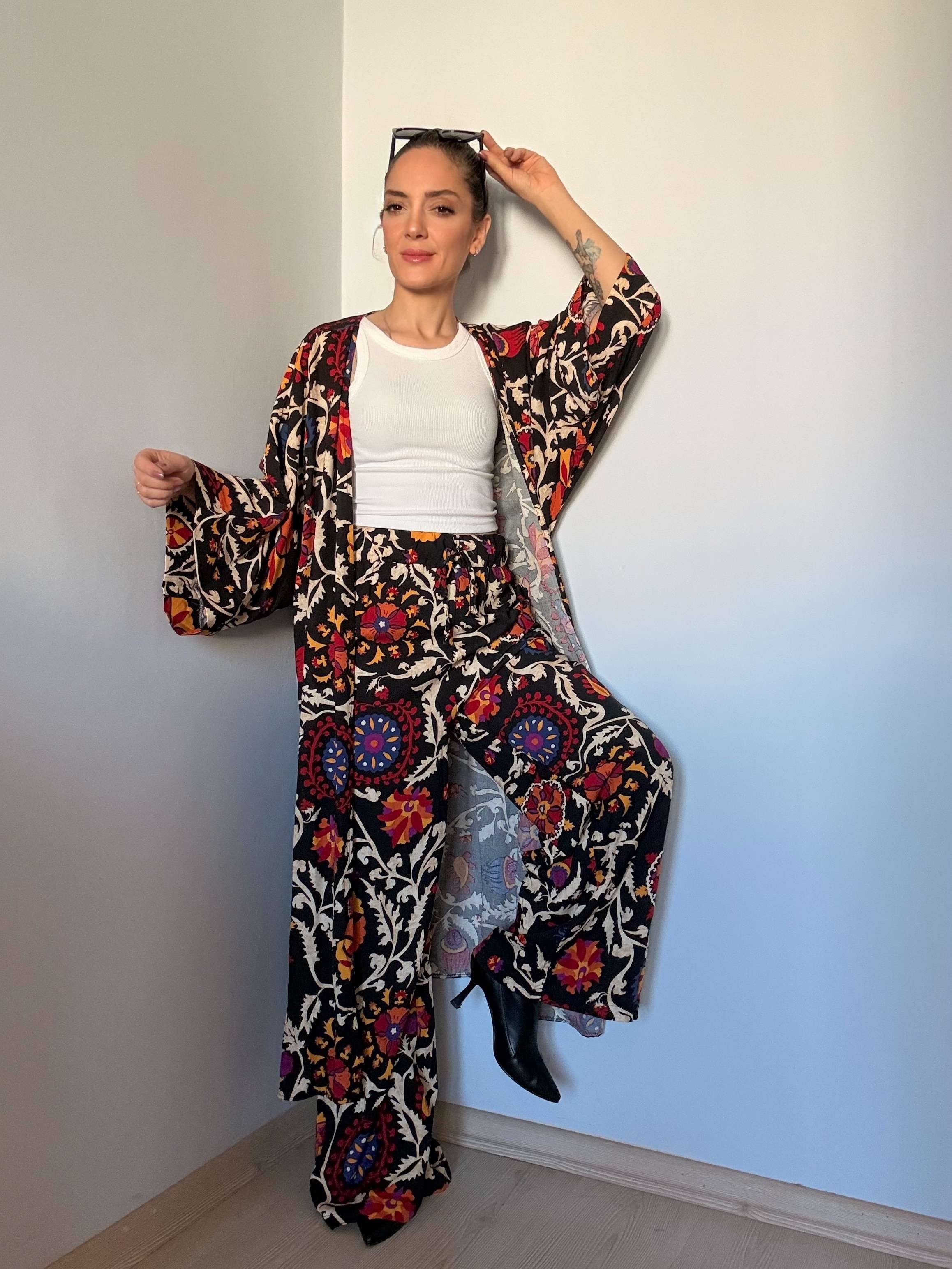 Siyah Etnik Desenli Kimono Pantolon Takım