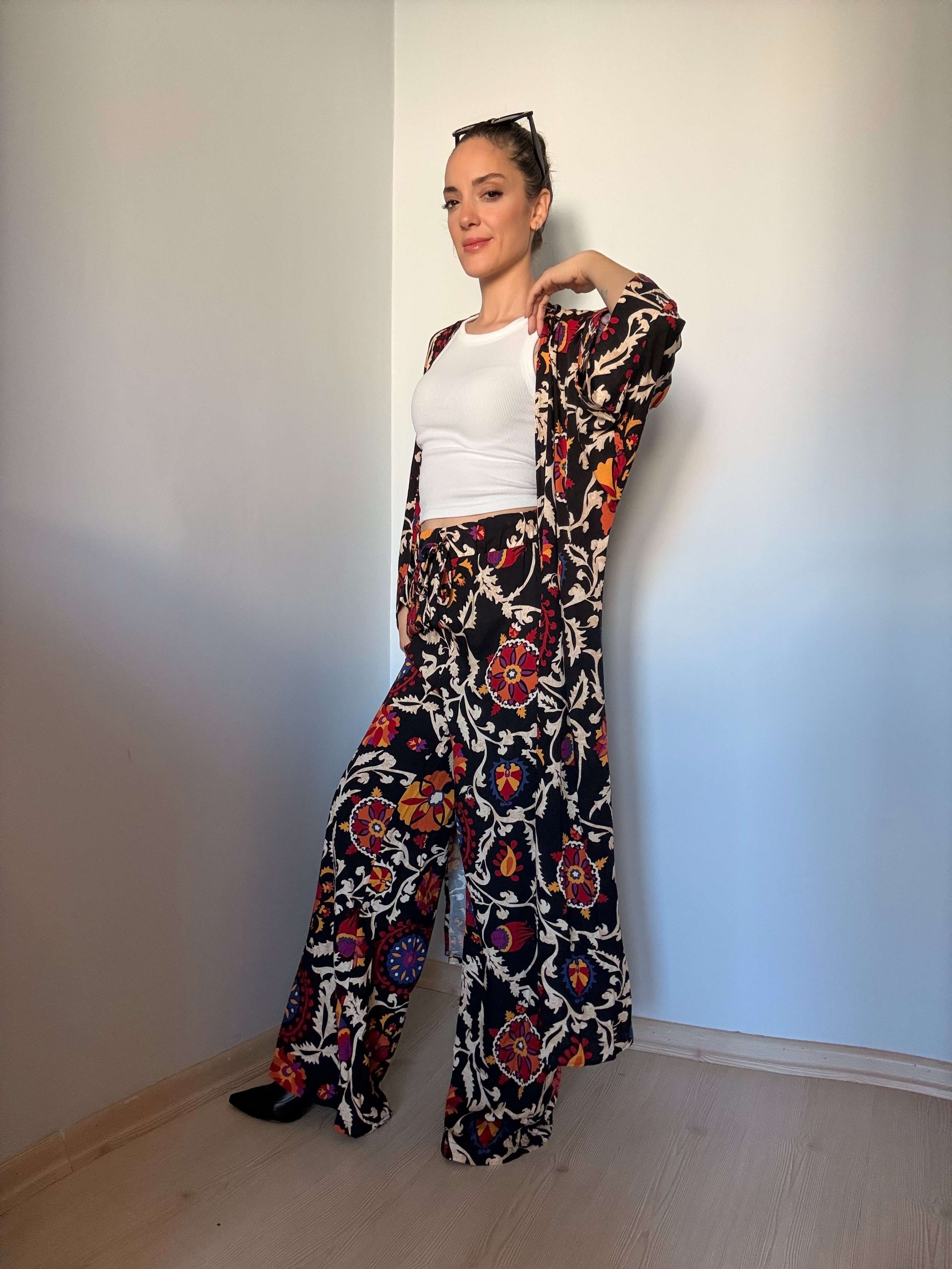Siyah Etnik Desenli Kimono Pantolon Takım
