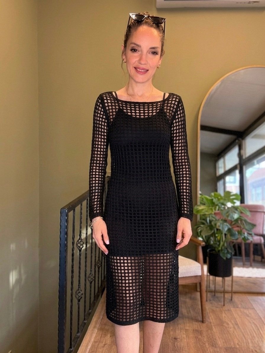 Siyah Uzun Kollu File Örgü Crochet Elbise