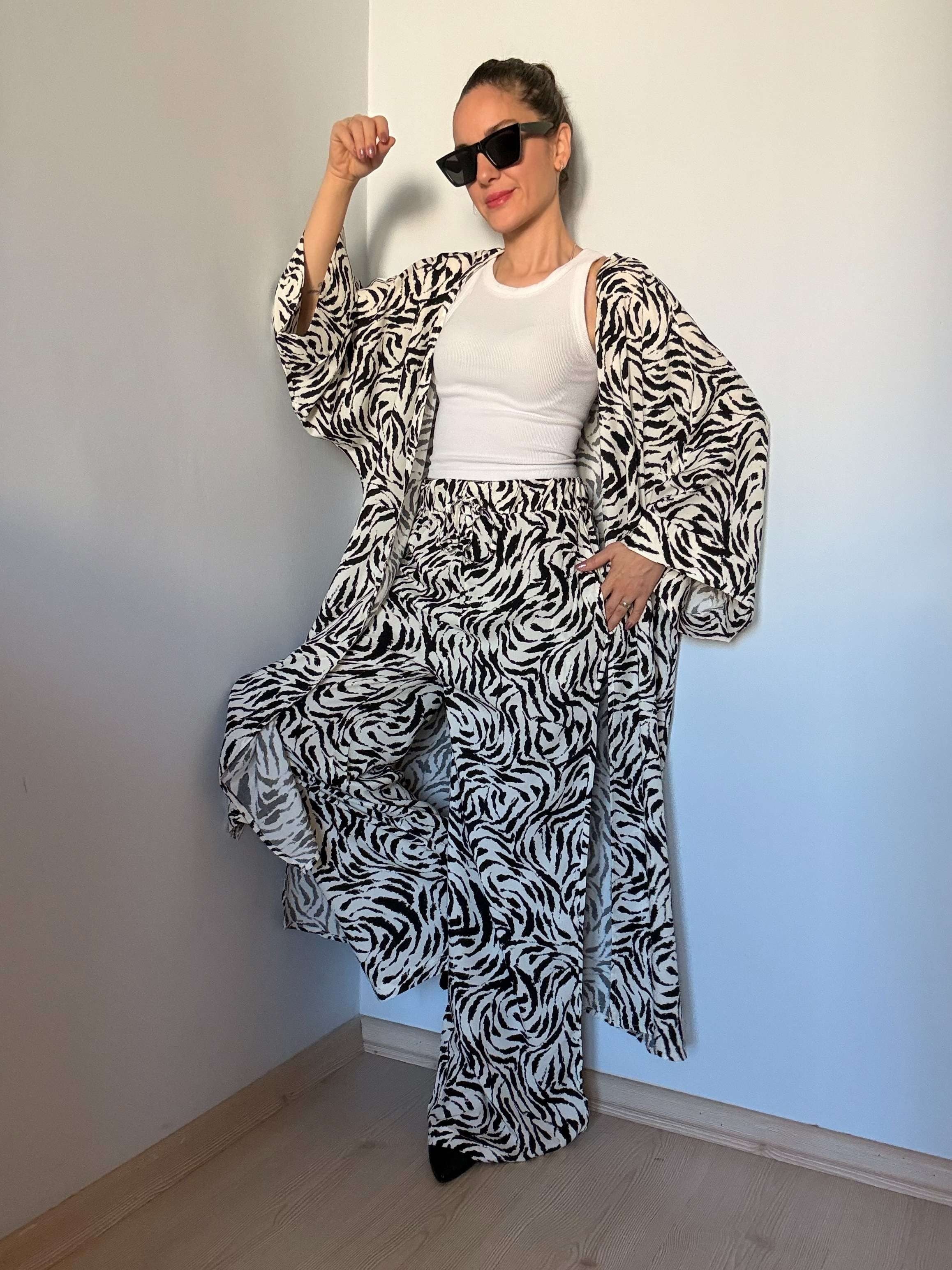 Zebra Desenli Kimono Pantolon Takım