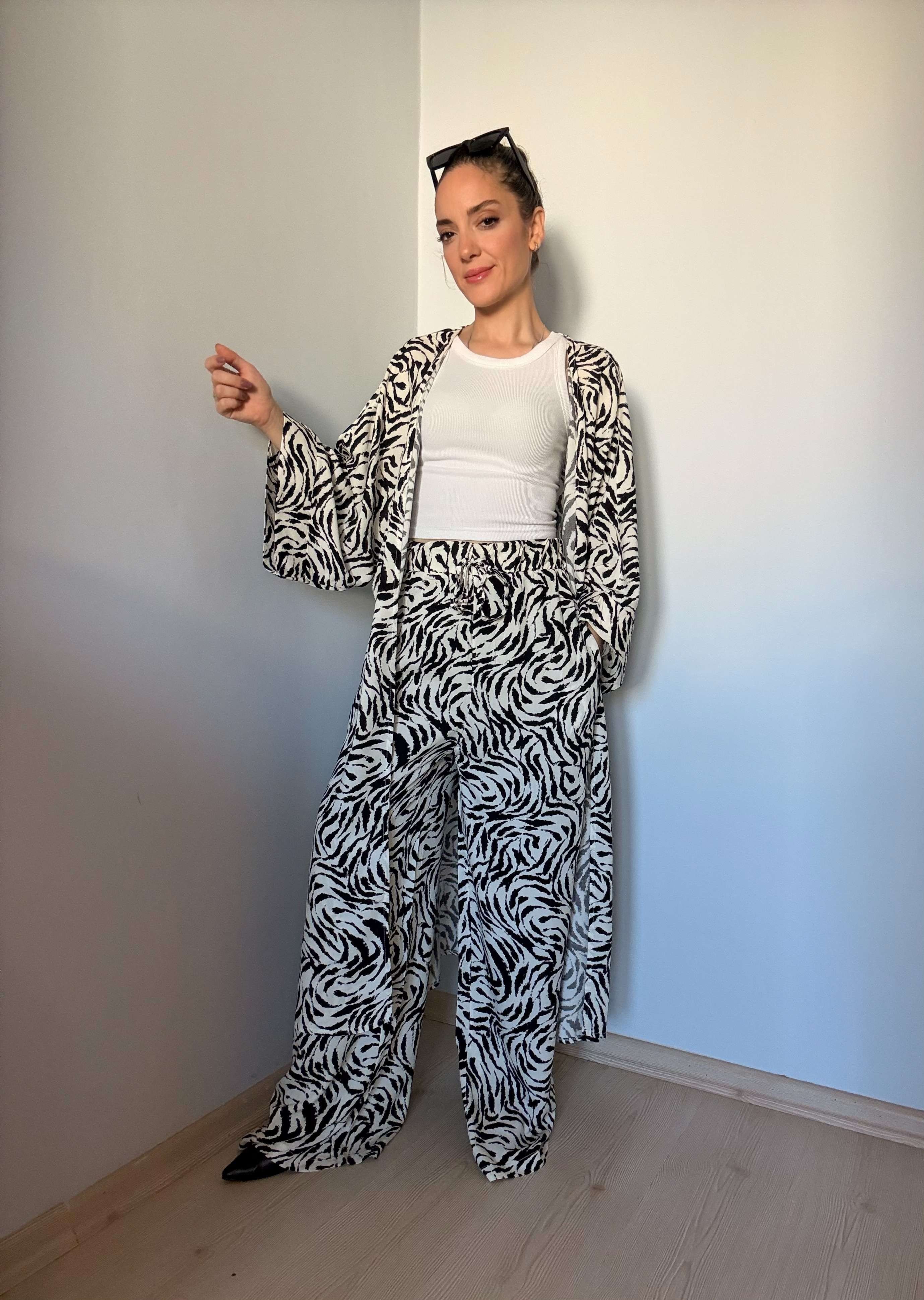 Zebra Desenli Kimono Pantolon Takım