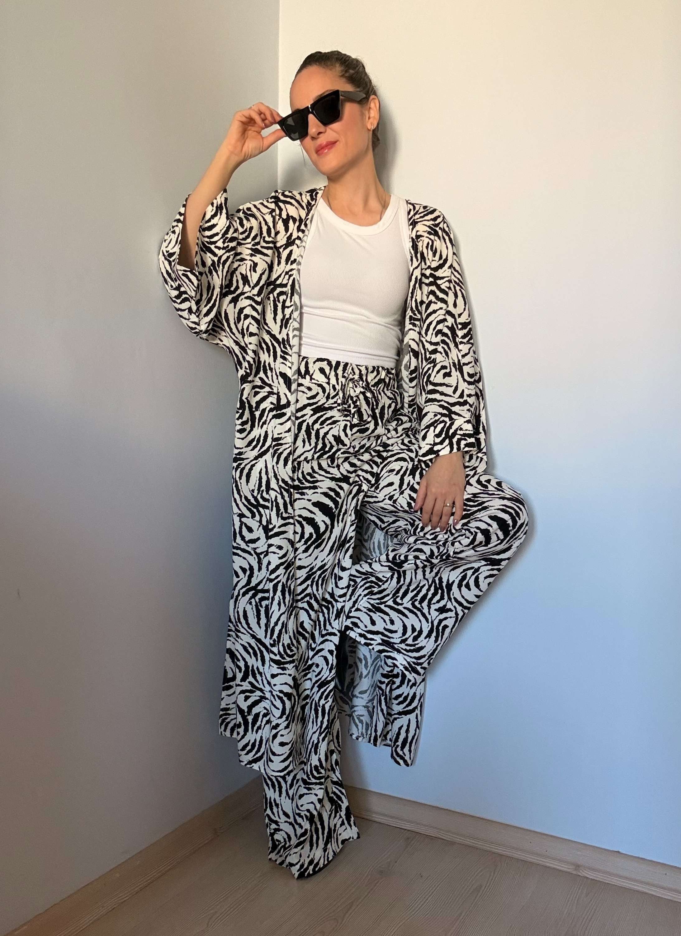 Zebra Desenli Kimono Pantolon Takım