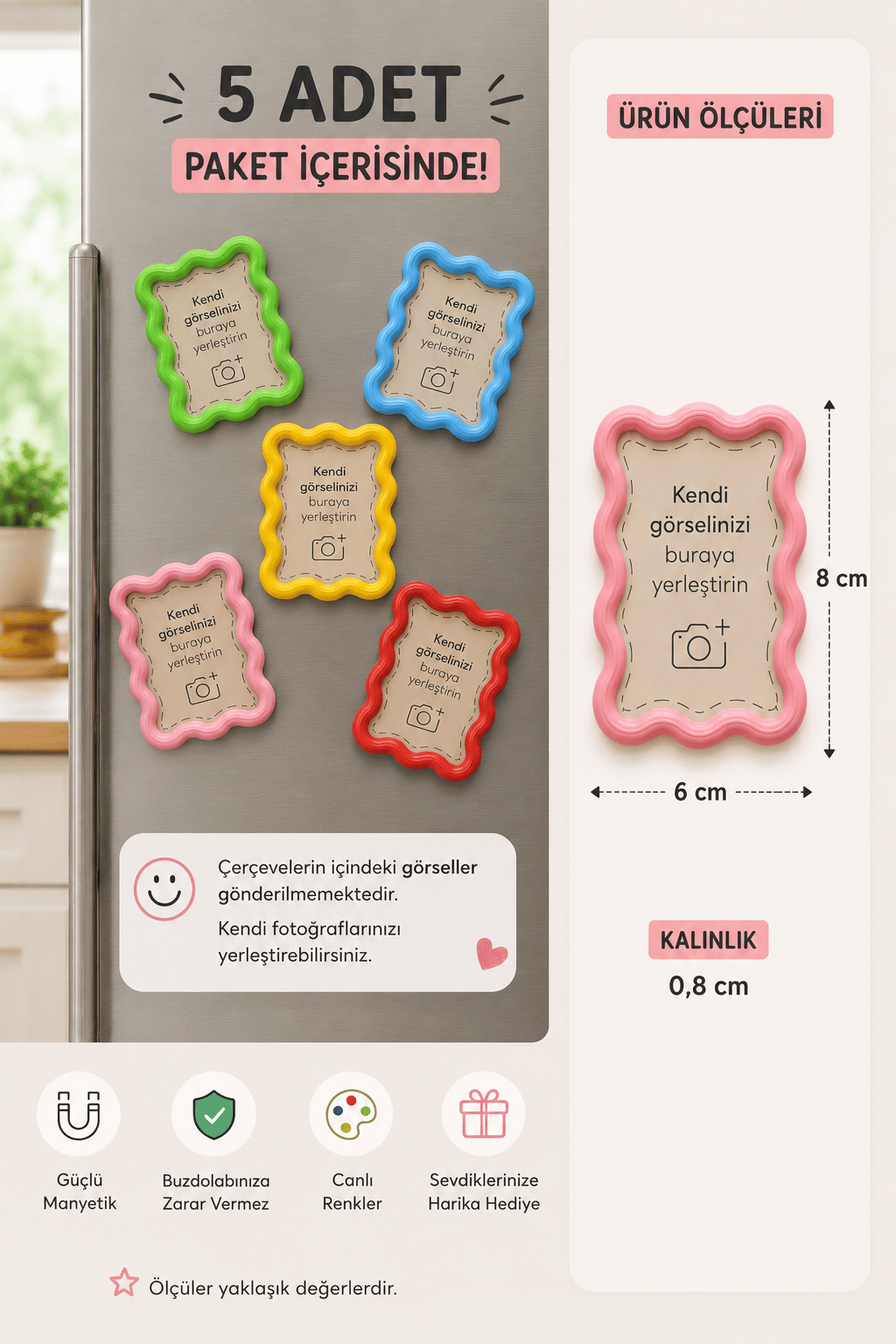 5 Adet Renkli Fotoğraf Magnet Çerçevesi – Buzdolabı İçin Dekoratif Magnet Seti 6x8 cm