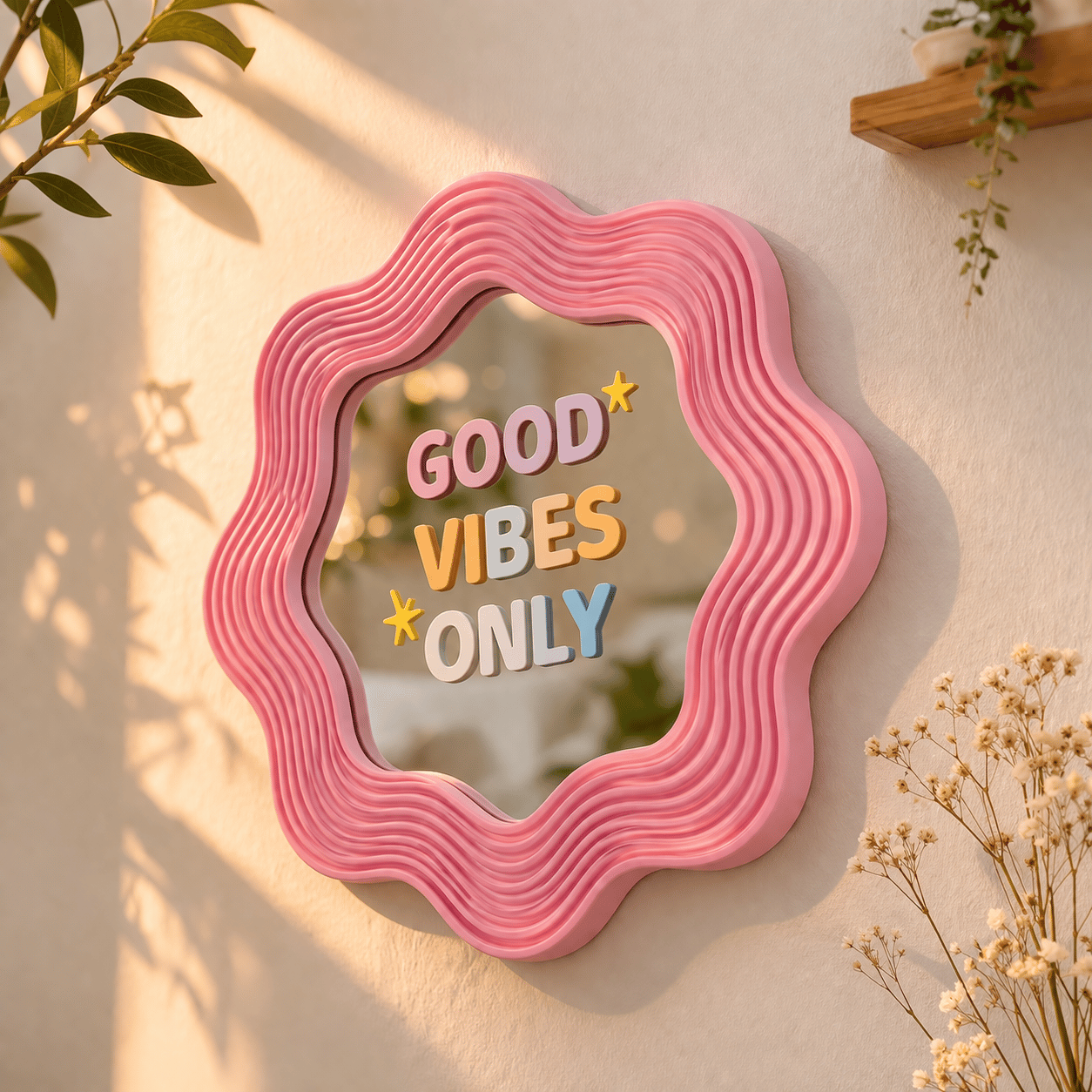 BLOOMY Ayna – Eğlenceli 3D Çerçeve – Yazılı Cam Ayna / Good Vibes Only