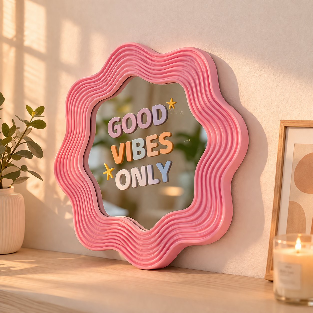 BLOOMY Ayna – Eğlenceli 3D Çerçeve – Yazılı Cam Ayna / Good Vibes Only