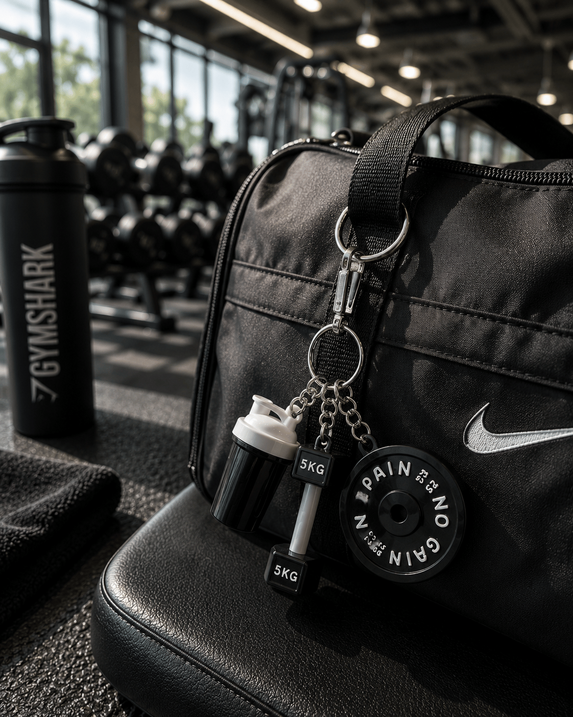 Fitness Spor Çantası Charm Anahtarlık – Plastik Shaker, Dumbbell ve Plaka Figürlü Bag Charm 