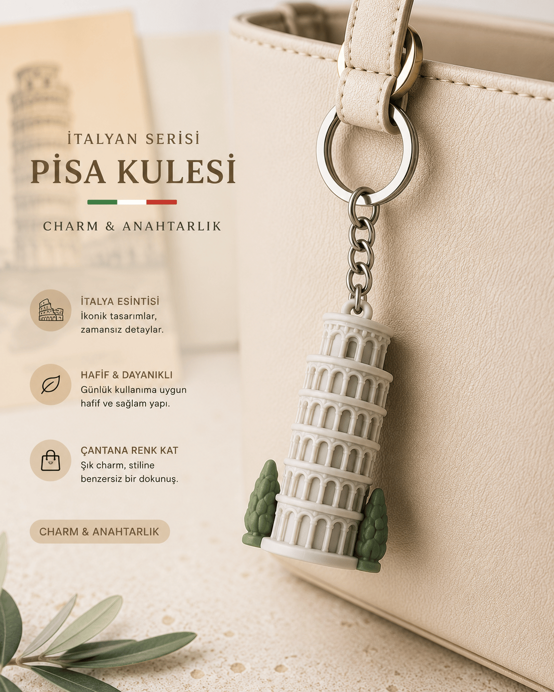 HENERS İtalya Serisi Kolezyum/Pisa Bag Charm Çanta Aksesuarı