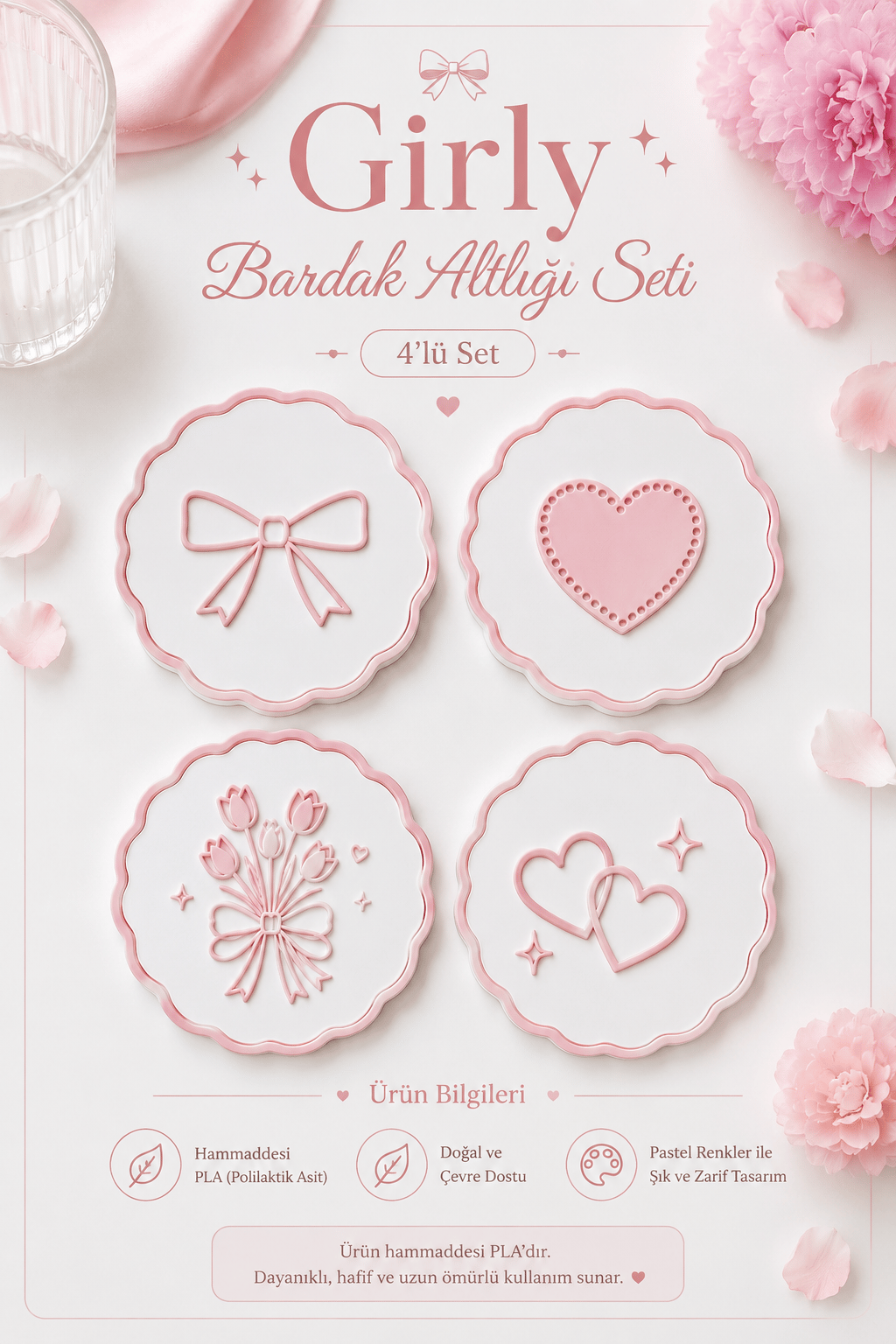 Kalpli Dekoratif Bardak Altlığı – Pembe & Beyaz Girly Tasarım | 3D Baskı Masa Dekoru