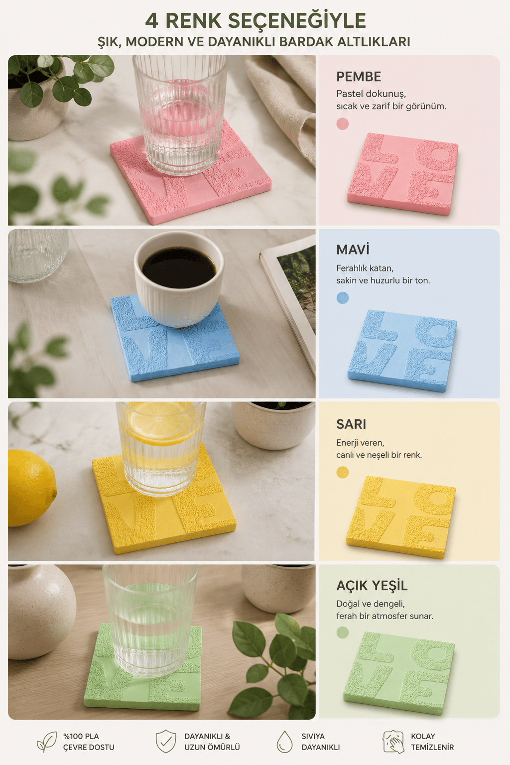 LOVE Kabartmalı Bardak Altlığı – 4'lü Set | Dekoratif PLA Tasarım Bardak Altlığı | Pastel Renk Seçenekli