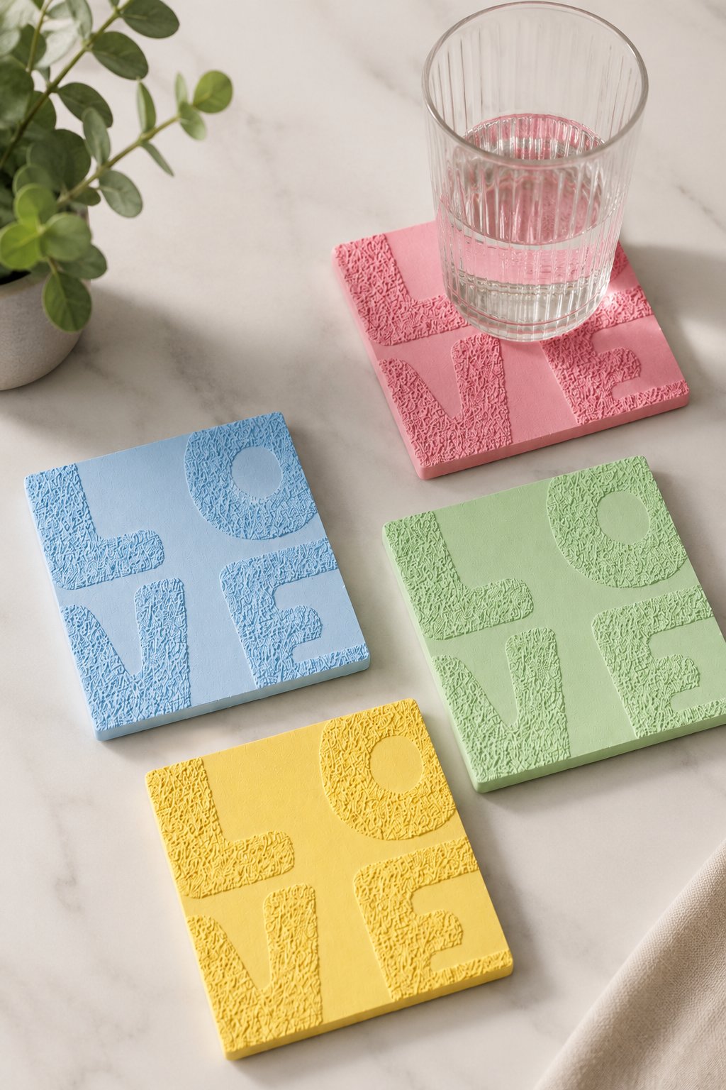 LOVE Kabartmalı Bardak Altlığı – 4'lü Set | Dekoratif PLA Tasarım Bardak Altlığı | Pastel Renk Seçenekli