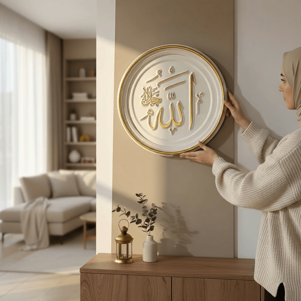 Altın Varaklı Yuvarlak Allah Lafzı Ahşap Tablo
