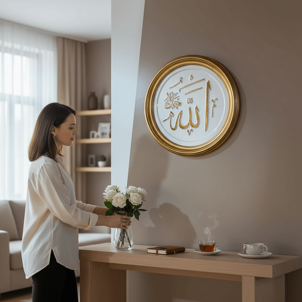 Altın Varaklı Yuvarlak Allah Lafzı Ahşap Tablo