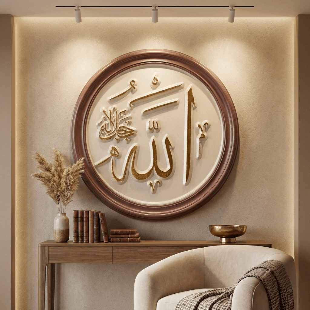 Bordo Çerçeveli Yuvarlak Allah Lafzı Ahşap Tablo