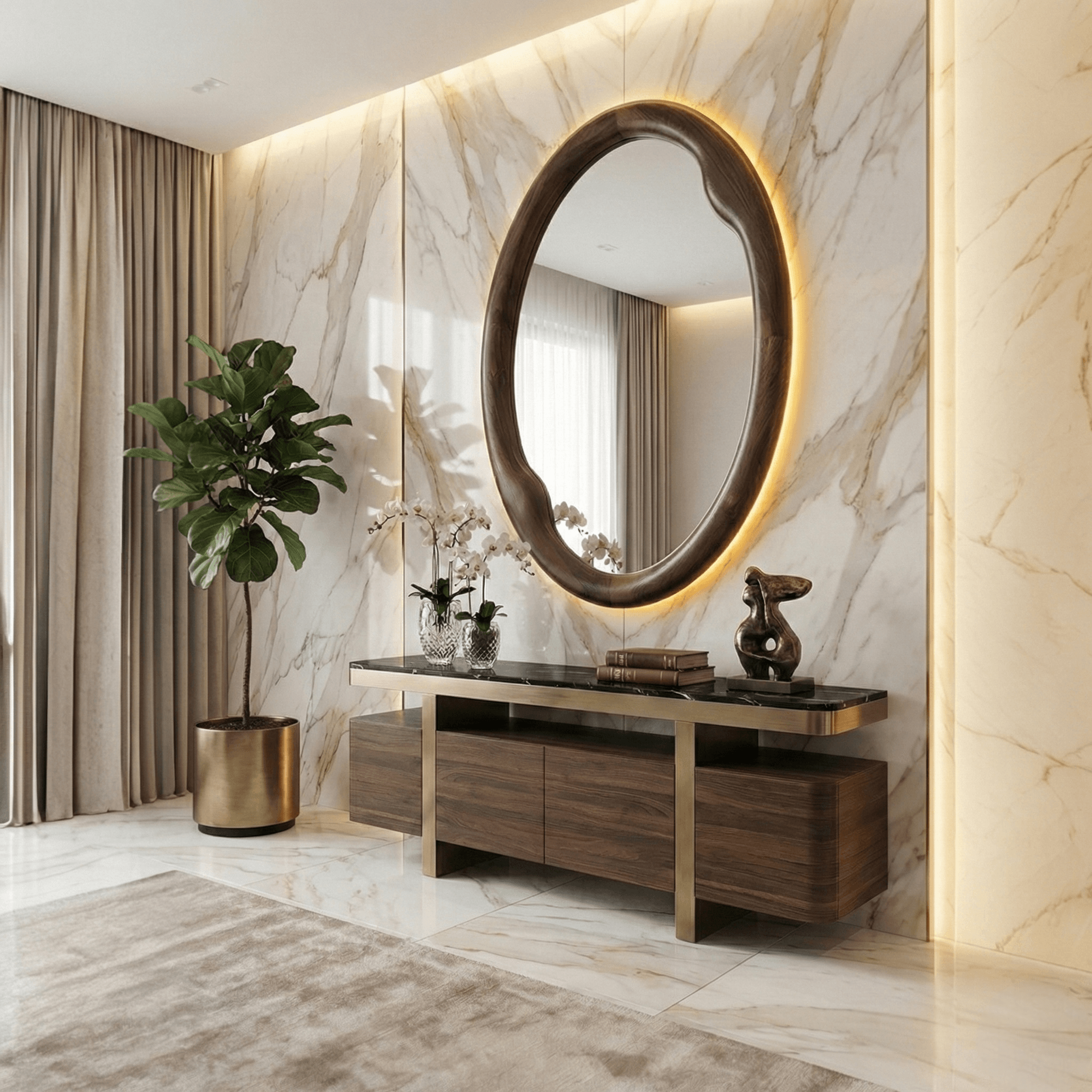 Ceviz Çerçeveli Amber LED'li Elips Modeli Ayna