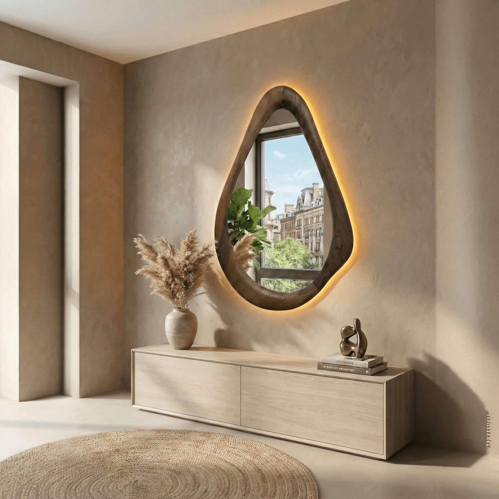 Ceviz Çerçeveli Amber LED'li Yuvarlak Damla Modeli Ayna