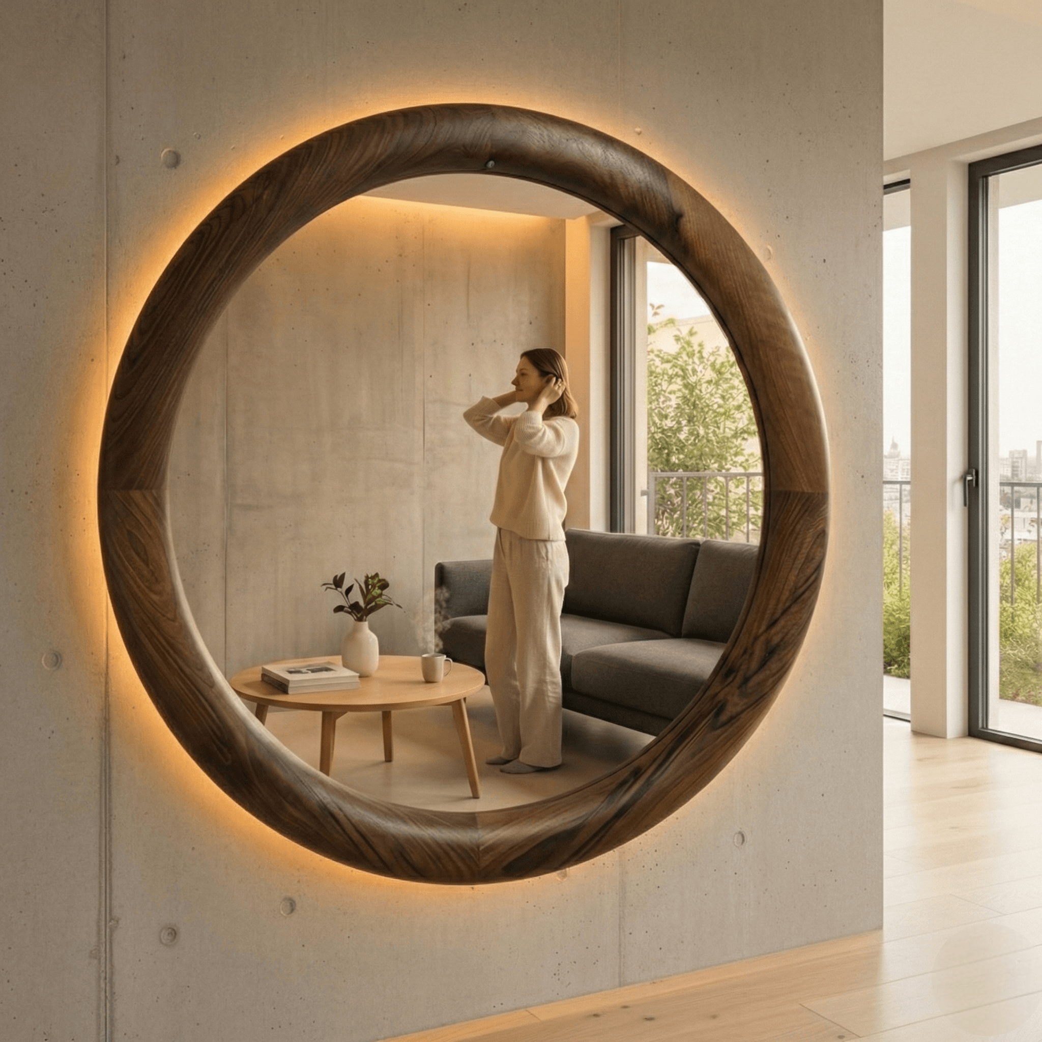 Ceviz Çerçeveli Amber LED'li Yuvarlak Model Ayna