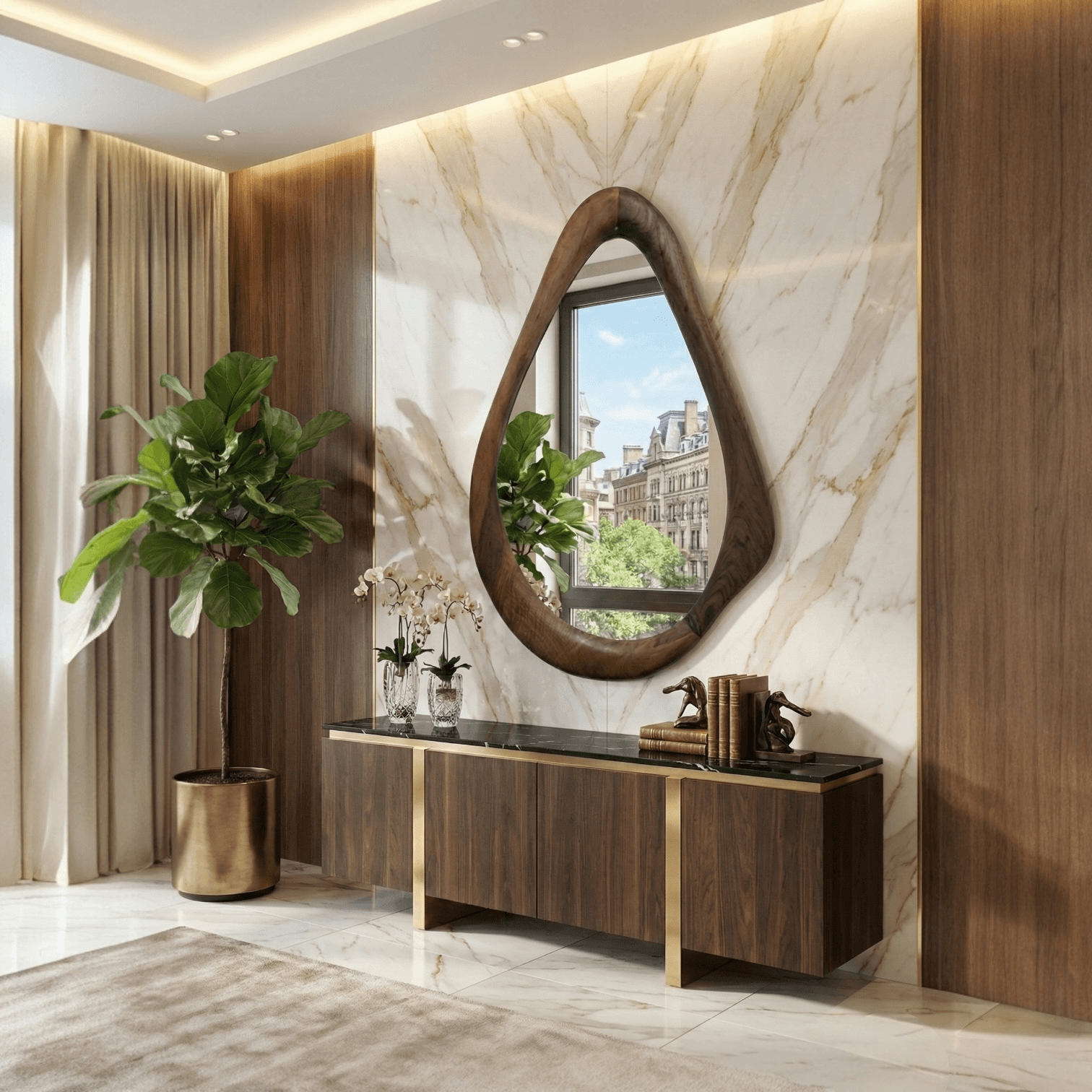 Ceviz Çerçeveli Yuvarlak Damla Modeli Ayna