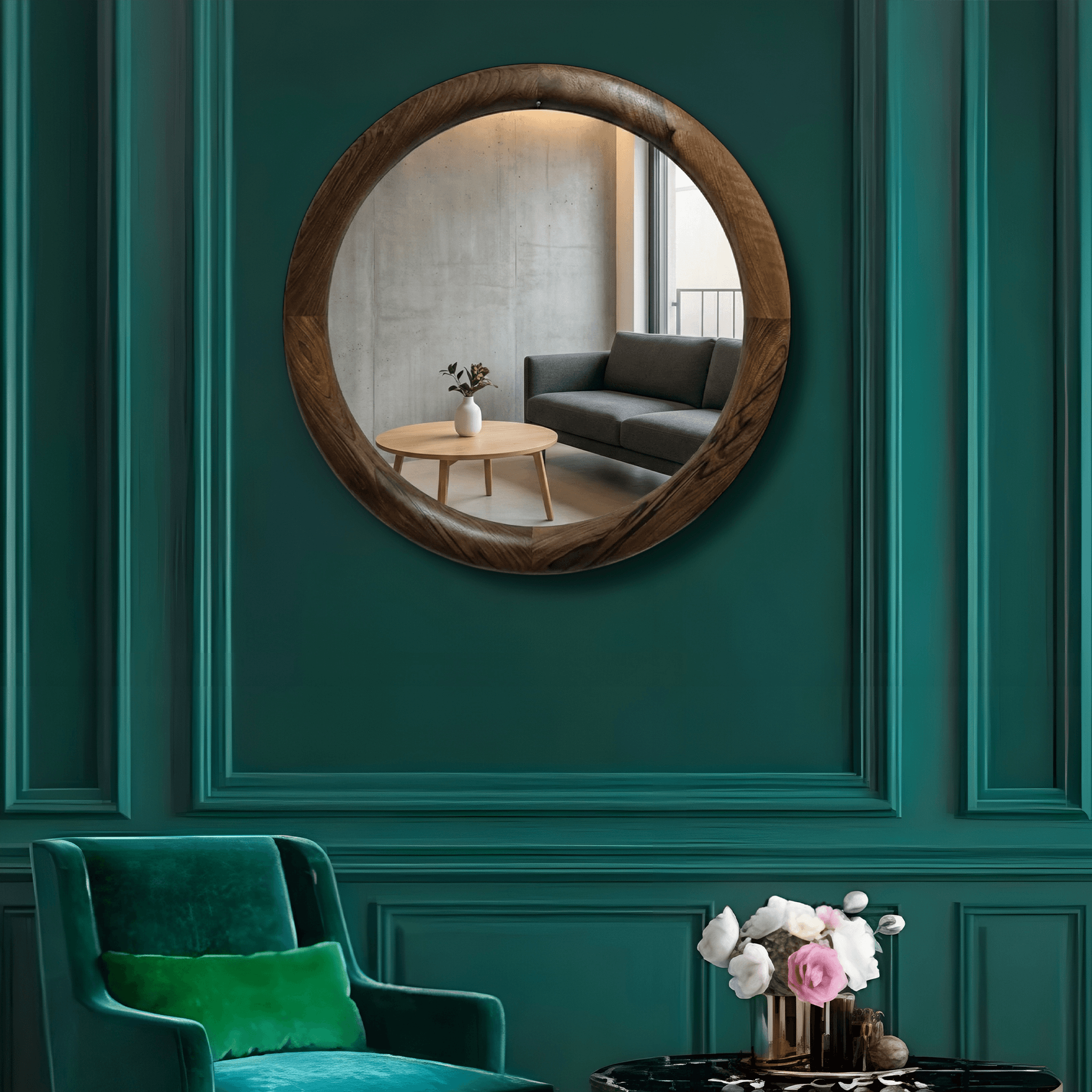 Ceviz Çerçeveli Yuvarlak Model Ayna