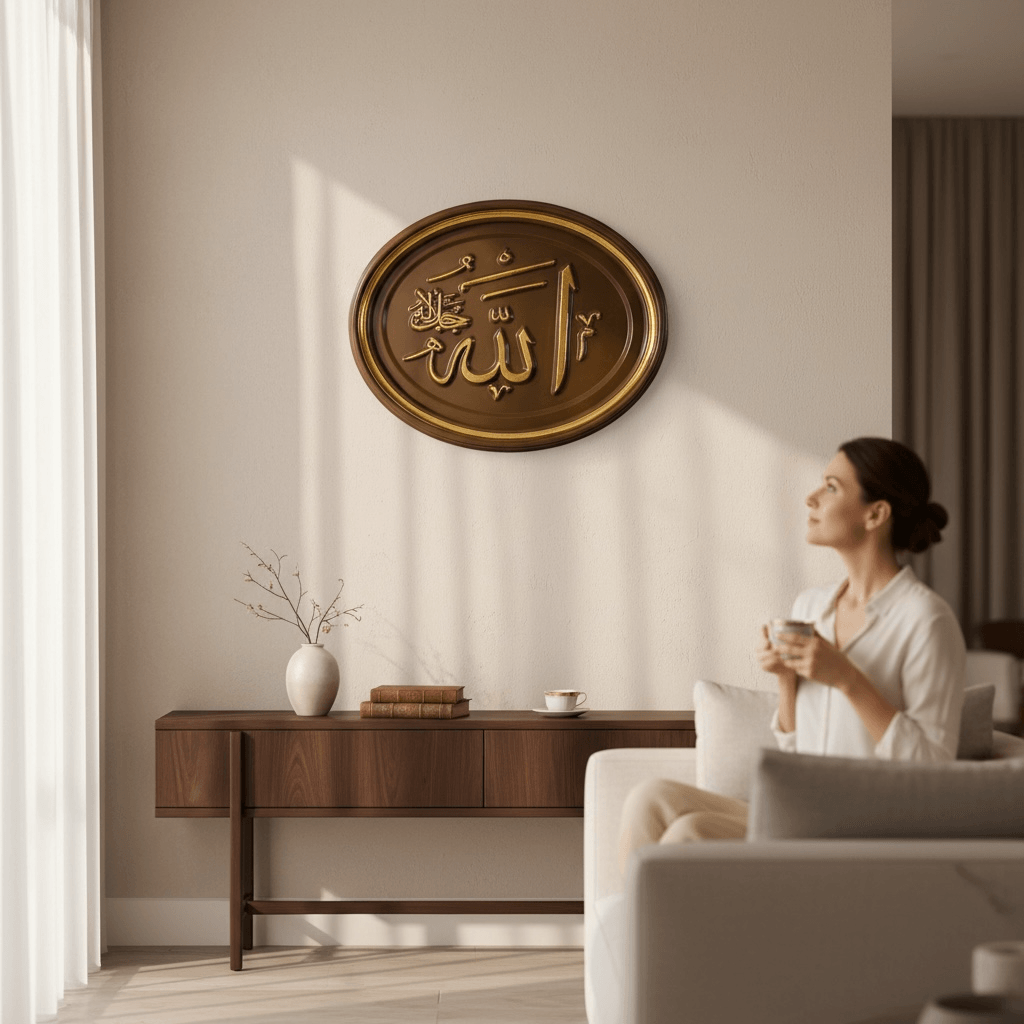 Koyu Kahve Renkli Altın Varaklı Allah Lafzı Ahşap Tablo
