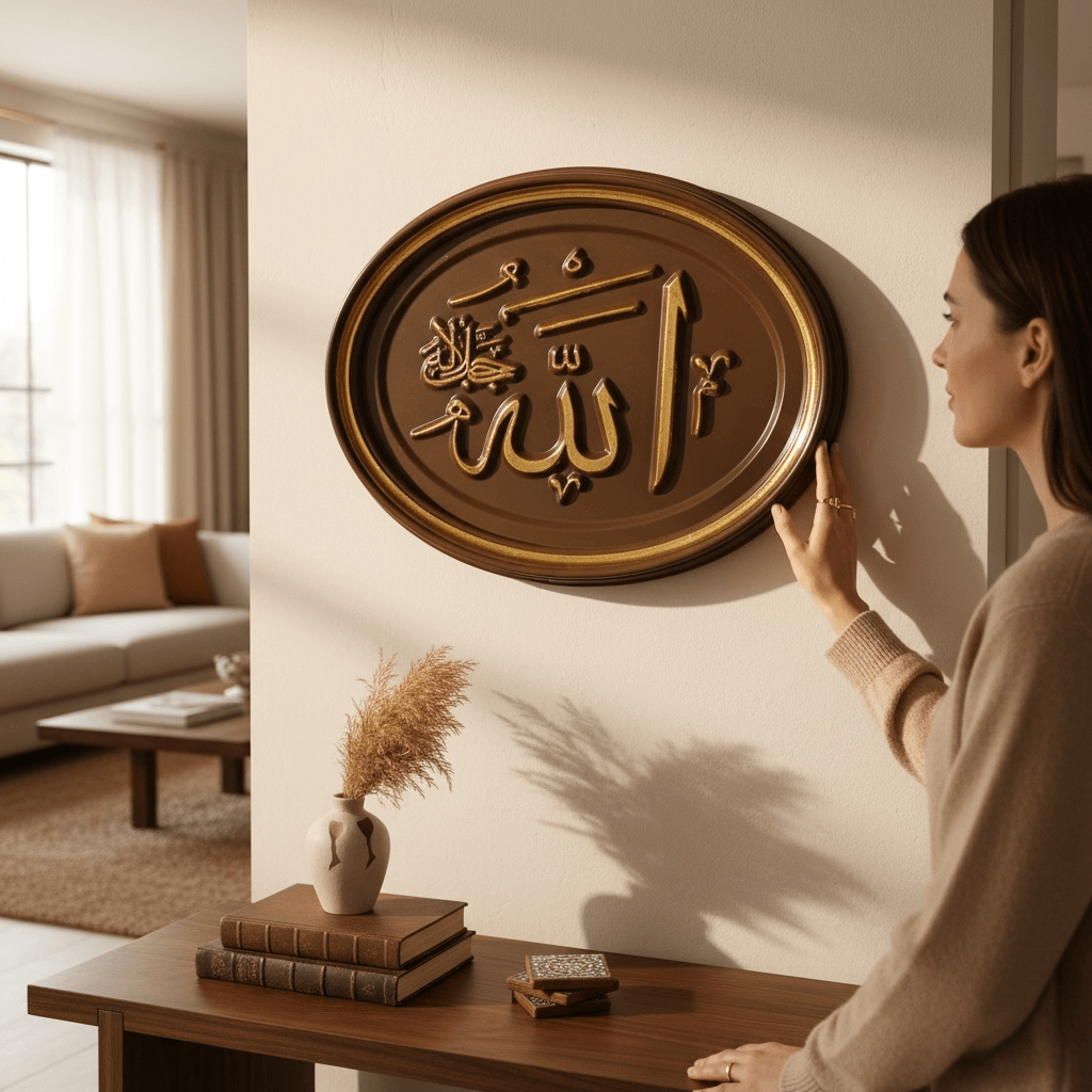 Koyu Kahve Renkli Altın Varaklı Allah Lafzı Ahşap Tablo