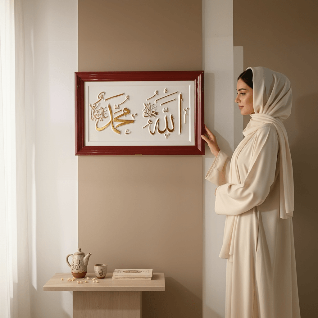 Yatay Bordo Çerçeveli Allah (c.c) ve Hz.Muhammed Ahşap Tablo