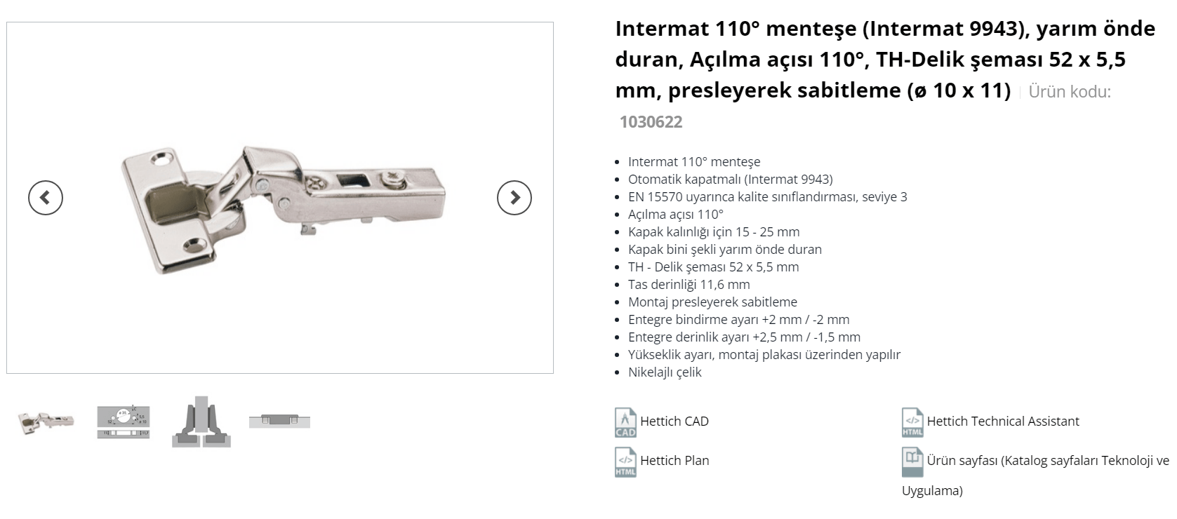 Hettich İntermat Dolap Kapak Menteşesi Yarım Deve Boynu Tas Menteşe Klipsli Taban Dahil-Hettich