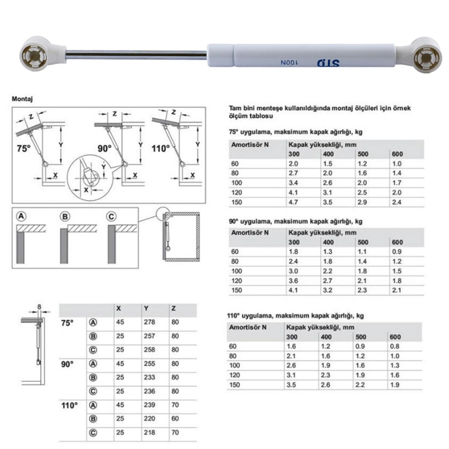 STD Dolap Amortisörü Gazlı Piston Kapak Hidroliği Gri (27 cm 100N)-STANDART CİVATA