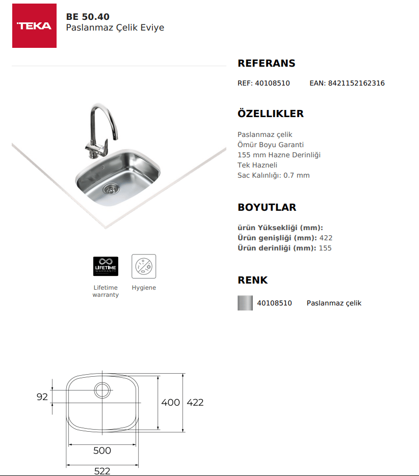 Teka Be 50.40 İnox Paslanmaz Çelik Tezgahaltı Tek Hazneli Evye | 50x40 cm Eviye-TEKA