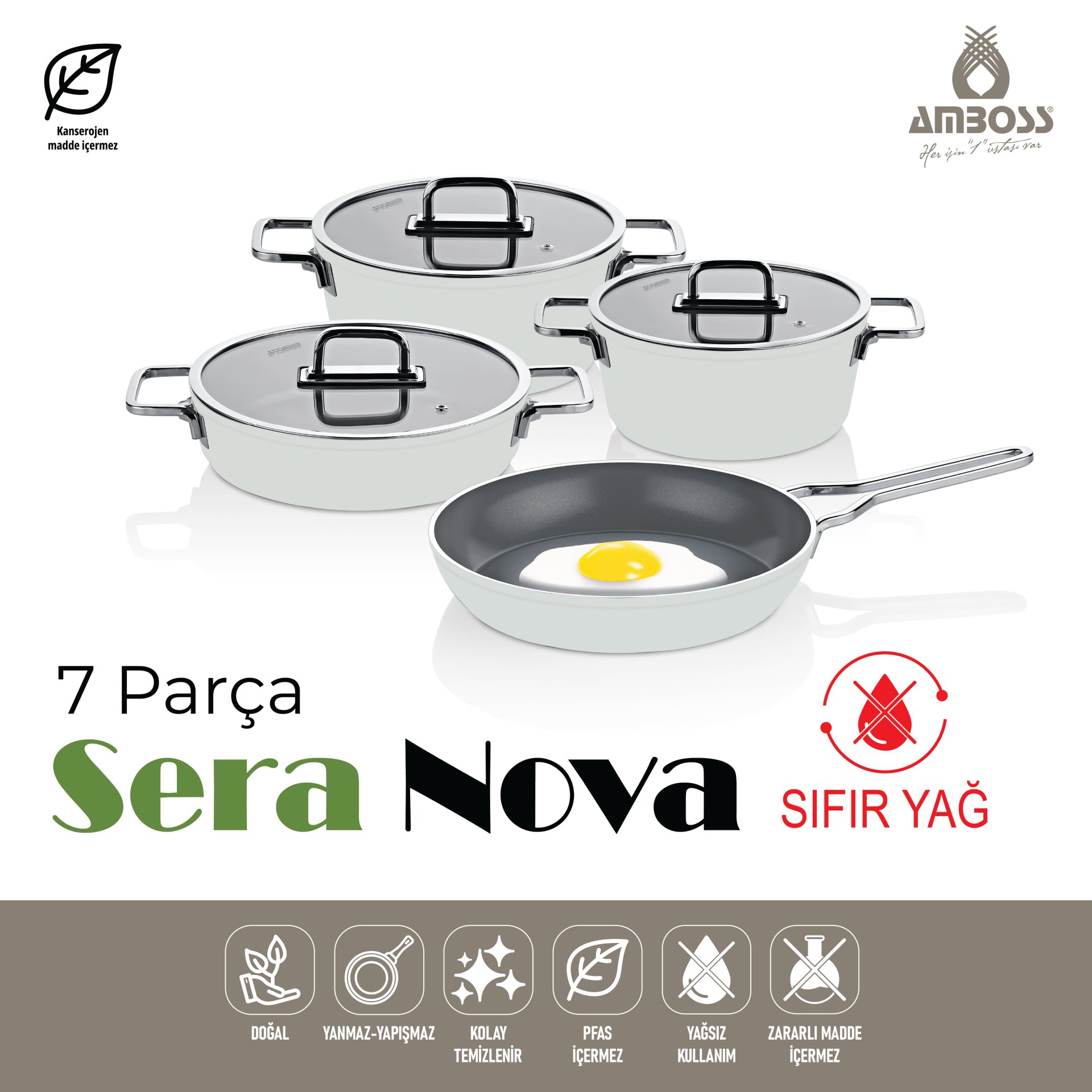 AMBOSS SERA NOVA 7 PARÇA SERAMİK TENCERE SET BEYAZ