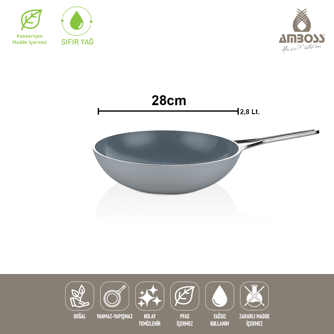 AMBOSS SERA NOVA YANMAZ YAPIŞMAZ WOK TAVA 28CM GRİ 