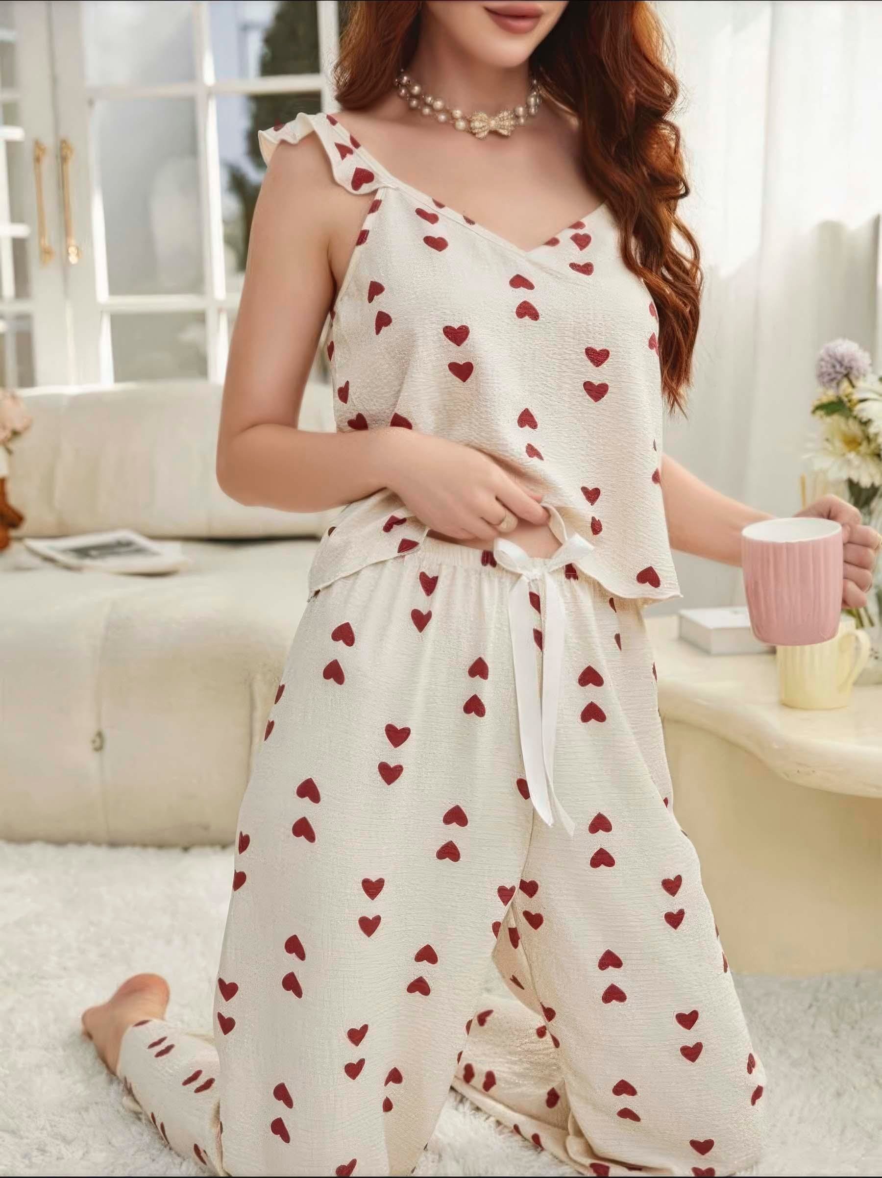 Kadın Ekru Kırmızı Kalp Desenli Yumuşak Pamuklu Uzun Pijama Takımı 5136
