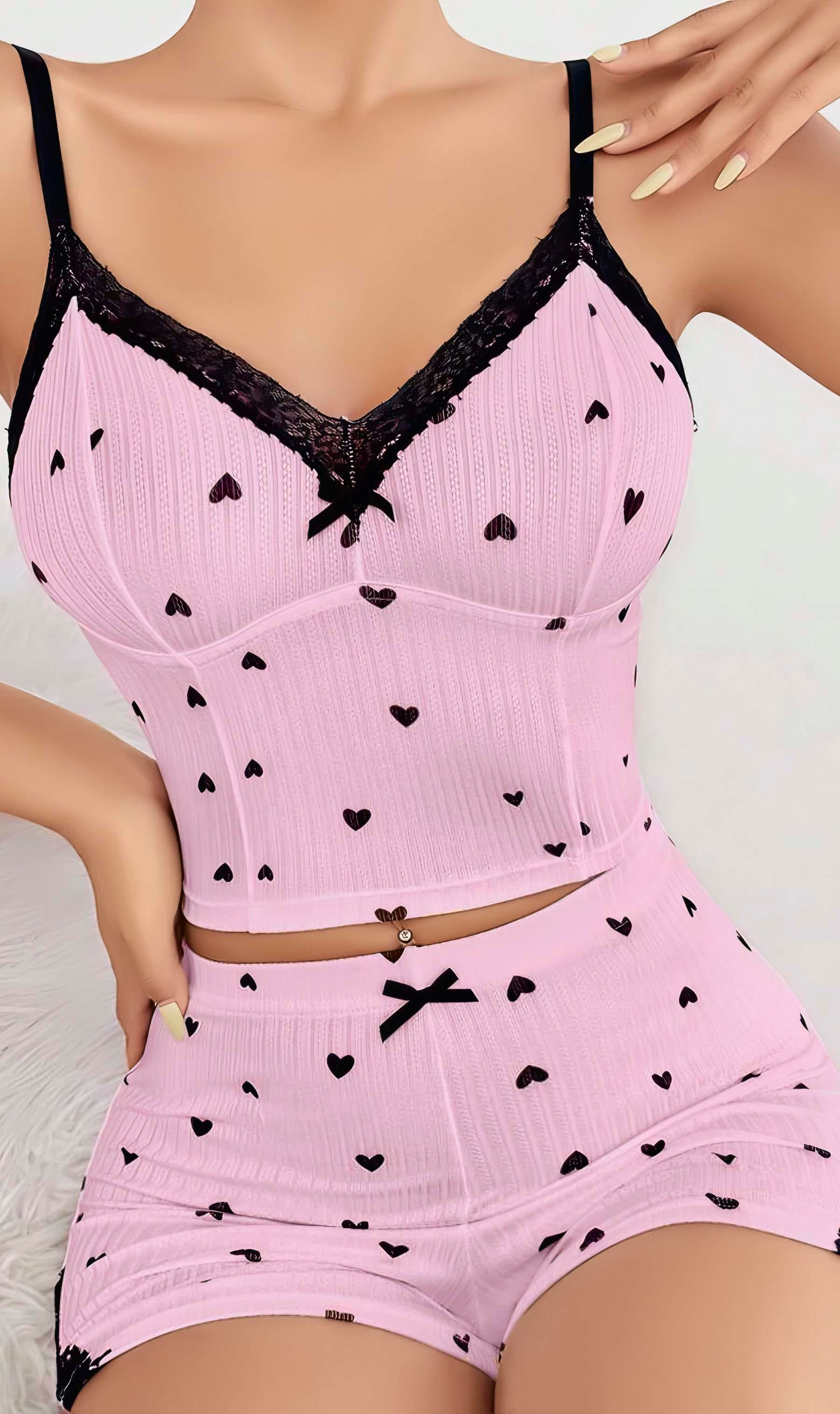 Kadın Pembe Kalp Desenli Askılı Şortlu Pijama Takım 5013