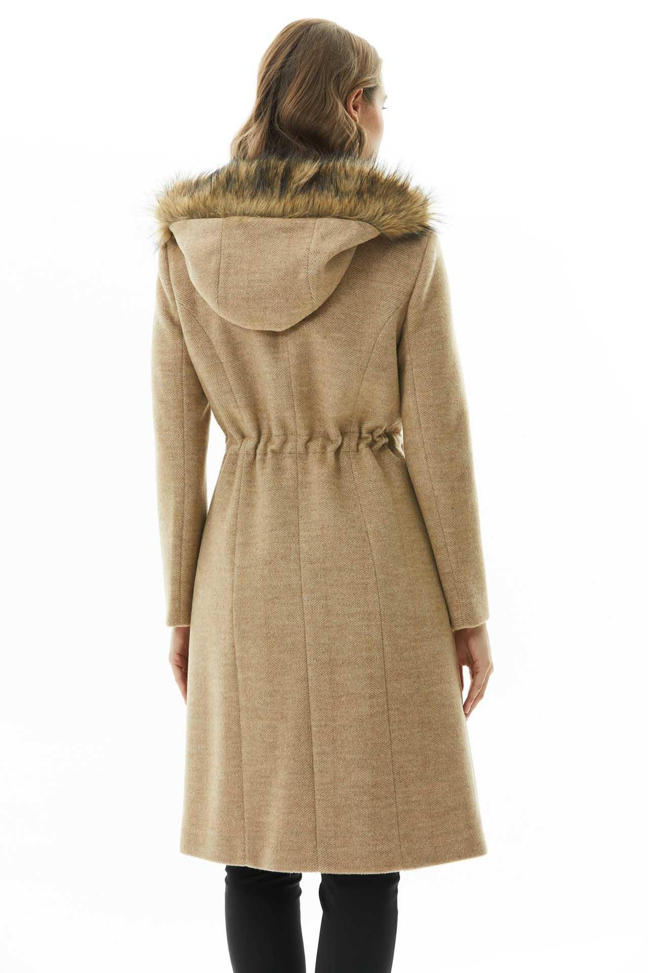 Beli Büzgülü Kapüşonu Kürklü Kaban  /  CAMEL