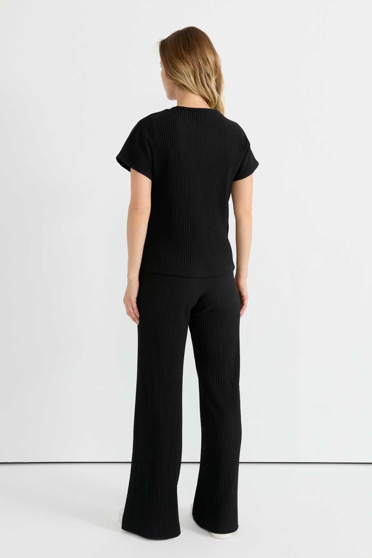 Beli Lastikli Kendinden Plise Pantolon  /  SİYAH